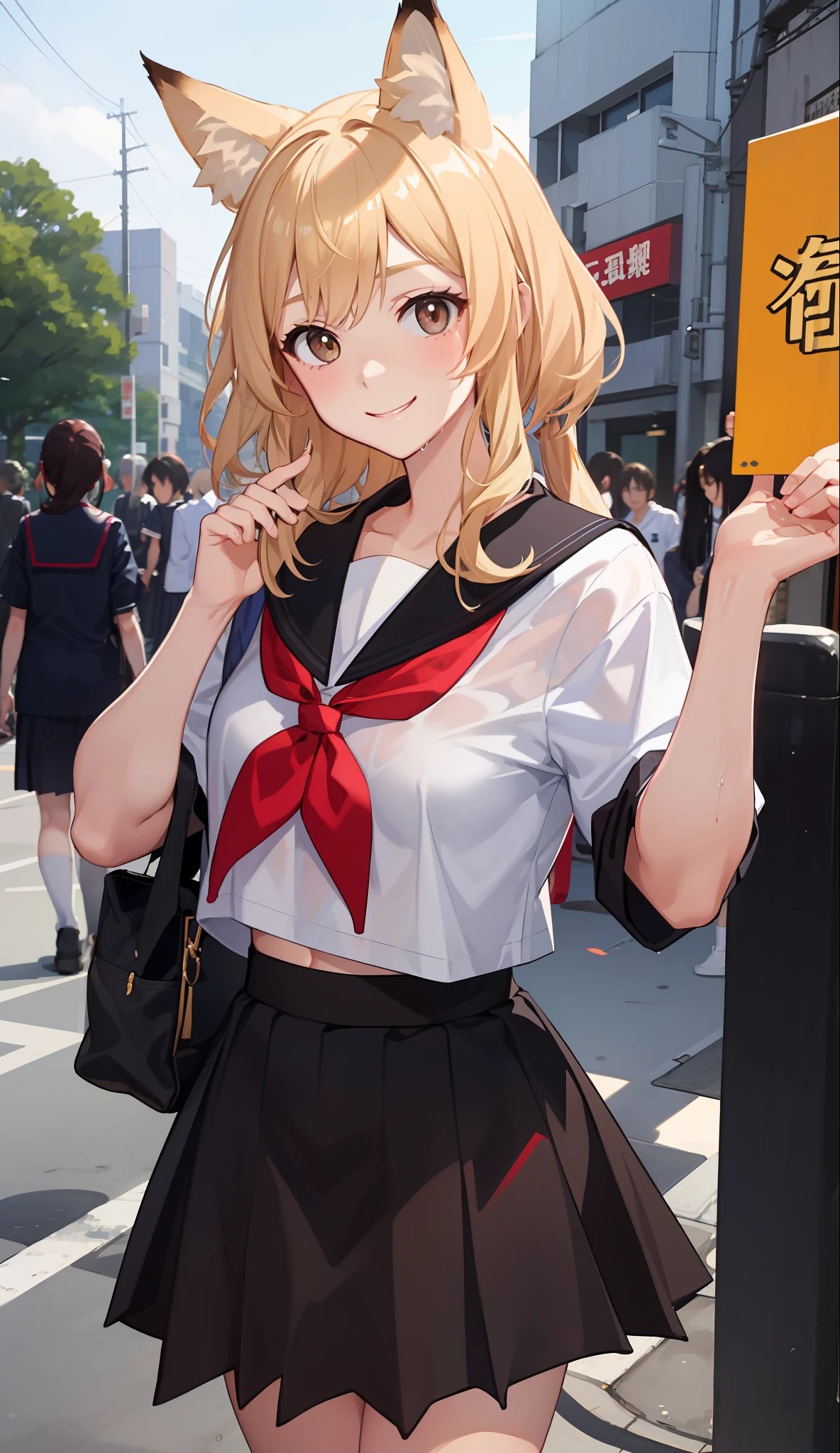 1girl in、A smile、The shirt、skirt by the、（small tits）Chilarism、Japan High School Student Uniform、serafuku、summer clothing、Squall Drenched Uniform、show brassiere、Fox ears、Blonde hair、（Upper body portrait）、