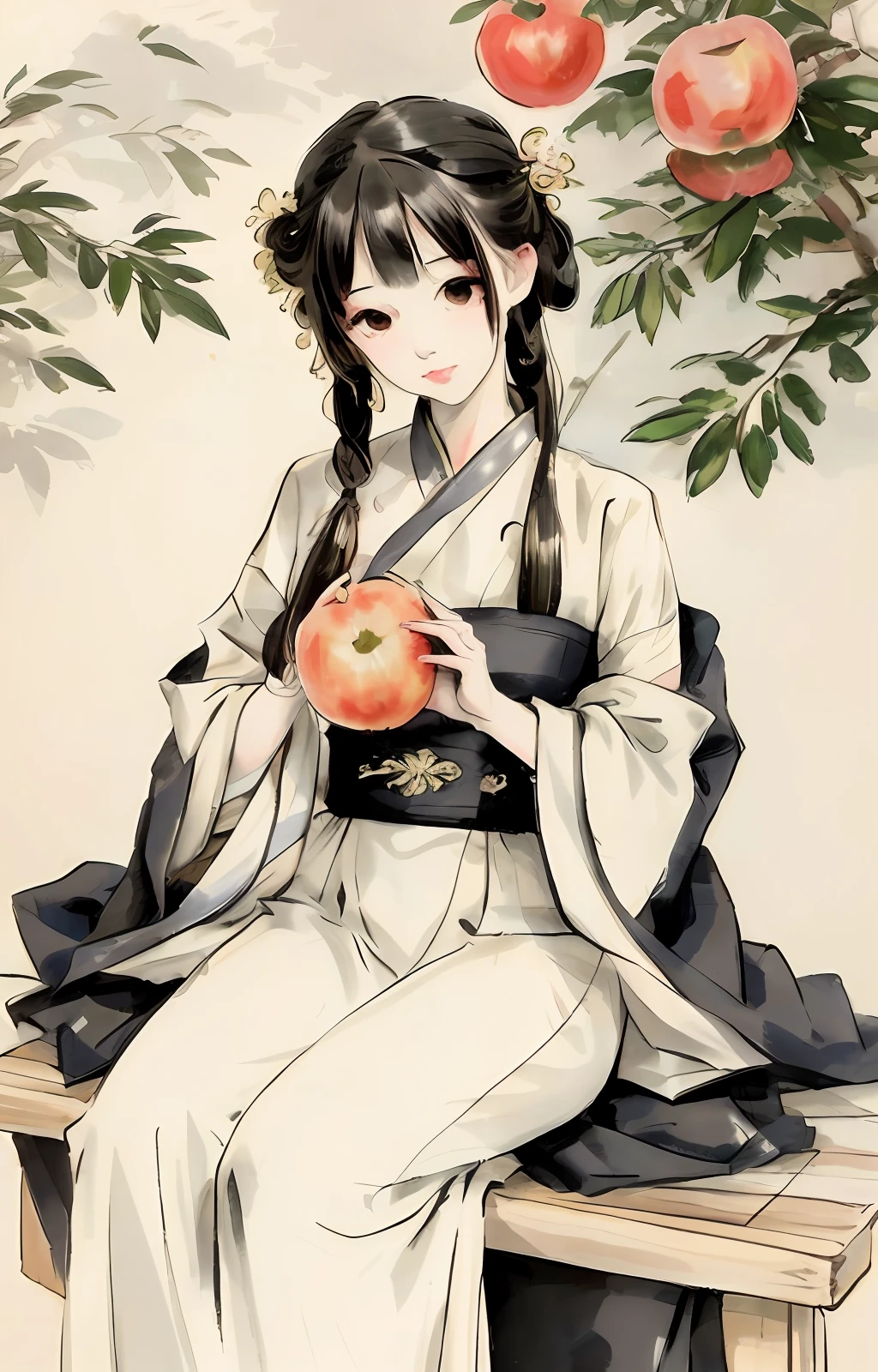 Ancient Chinese beauty sitting on a swing,wearing ancient Chinese costume,Flowing tulle,Light silk,Lazy posture,Eating apples gracefully,Ink painting style,clean color,Decisive cut,Leave white space,impressionistic,tmasterpiece,ultra-detailliert,Epic composition, high qulity, HighestQuali, 4k --v 6