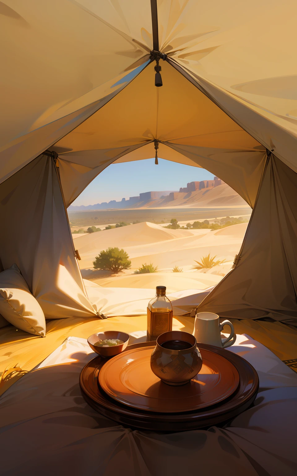 top-quality、hight resolution、detaileds、Inside the tent in the desert、Fantasy worldview、dining、
