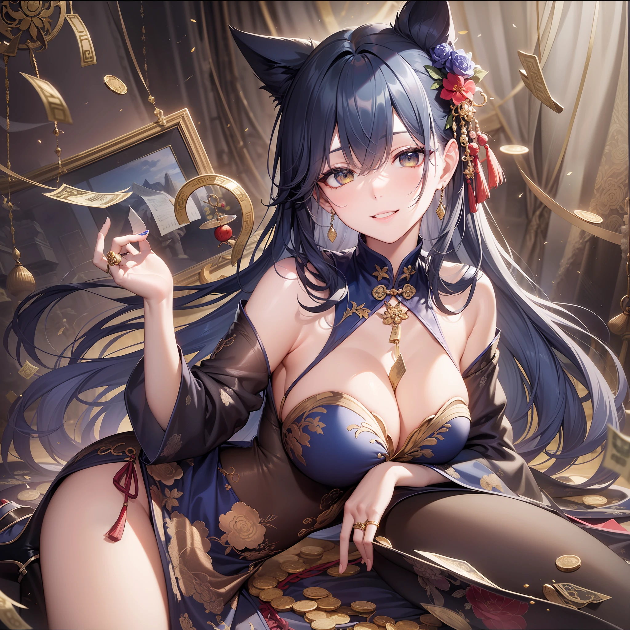 Adult woman, sexy, navy blue hair, The ends of gray hair, hairlong, beautiful hairstyle, hair ornament, white eyes, Chinese Clothing, Ornaments, Rings, Heels, Ancient Chinese themes, looking a viewer, Happy smile, overhead view, Lies on the money, gold coins, A mountain of money, Fantasy art, Beautiful painting of characters, Works of art in the style of Guvaika, epic exquisite character art, stunning character art, Beautiful rich Woman, perspective, really happy, closed eye, overhead view(reference sheet:1.5)