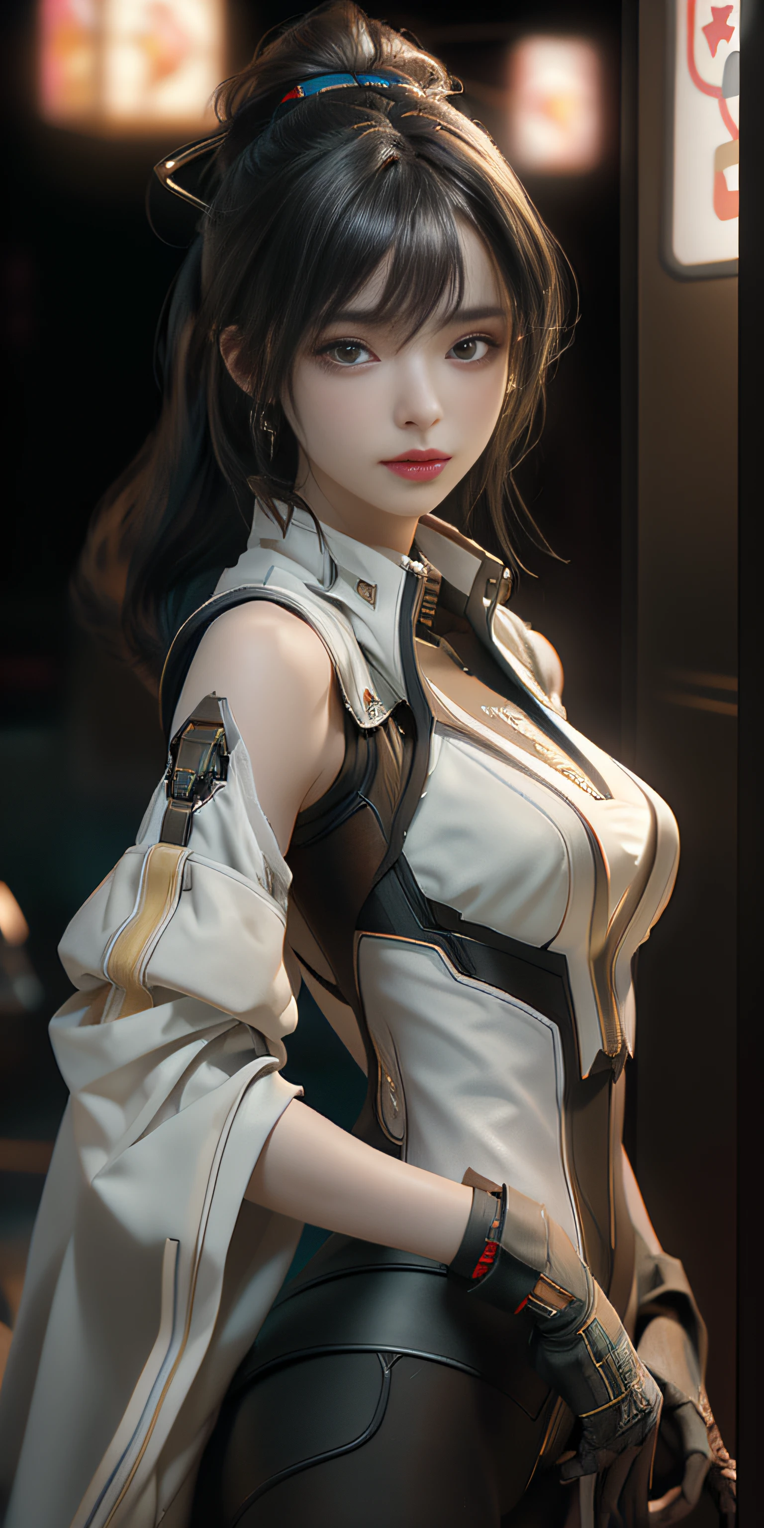 ((Best quality)), ((masterpiece)), (detailed:1.4), 3D, an image of a beautiful cyberpunk female,HDR (High Dynamic Range),Ray Tracing,NVIDIA RTX,Super-Resolution,Unreal 5,Subsurface scattering,PBR Texturing,Post-processing,Anisotropic Filtering,Depth-of-field,Maximum clarity and sharpness,Multi-layered textures,Albedo and Specular maps,Surface shading,Accurate simulation of light-material interaction,Perfect proportions,Octane Render,Two-tone lighting,Wide aperture,Low ISO,White balance,Rule of thirds,8K RAW,