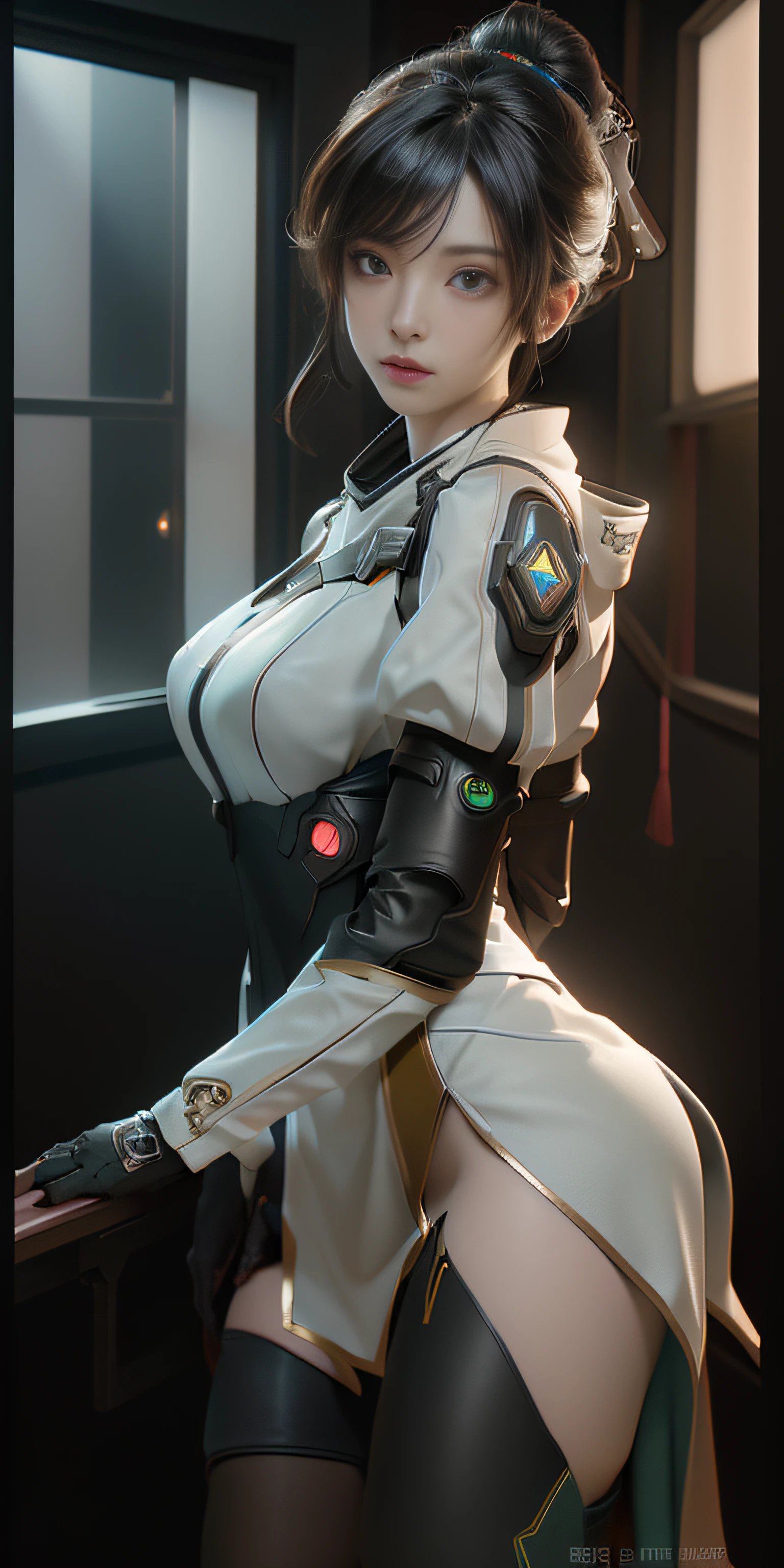 ((Best quality)), ((masterpiece)), (detailed:1.4), 3D, an image of a beautiful cyberpunk female,HDR (High Dynamic Range),Ray Tracing,NVIDIA RTX,Super-Resolution,Unreal 5,Subsurface scattering,PBR Texturing,Post-processing,Anisotropic Filtering,Depth-of-field,Maximum clarity and sharpness,Multi-layered textures,Albedo and Specular maps,Surface shading,Accurate simulation of light-material interaction,Perfect proportions,Octane Render,Two-tone lighting,Wide aperture,Low ISO,White balance,Rule of thirds,8K RAW,