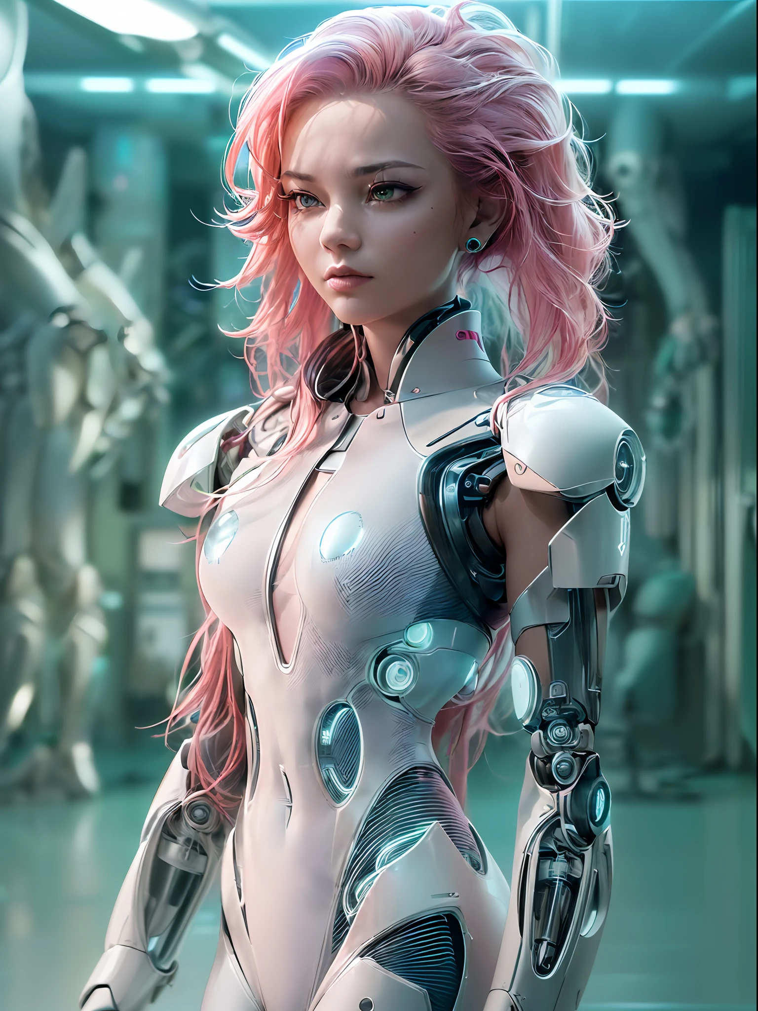 (masterpiece, high resolution, CGI:1.4), (depicting a futuristic cyborg woman with striking pink hair:1.3), (her eyes emanating a mesmerizing blend of green and blue light:1.2), (a combination of human and robotic elements seamlessly integrated throughout her body:1.3), (her arms replaced with sleek, metallic limbs, adorned with intricate circuits and glowing symbols:1.3), (her legs enhanced with bionic enhancements, allowing her to move with grace and precision:1.2), (her skin featuring a seamless blend of organic and synthetic materials, giving her a unique appearance:1.2), (her robotic enhancements designed with meticulous attention to detail, showcasing a balance of aesthetics and functionality:1.2), (the Canon EOS R6 camera used to digitally capture this stunning creation:1.4), (paired with the Canon RF 85mm f/1.2 L USM lens for precise rendering of her features:1.4), (the laboratory environment exuding a sleek and minimalistic design:1.2), (clean white walls and polished metallic surfaces reflecting the futuristic ambiance:1.2), (subtle neon lights casting a soft glow, enhancing the futuristic atmosphere:1.2), (advanced holographic displays showing complex data and schematics:1.2), (the cyborg woman standing confidently amidst the advanced technology, exuding a sense of power and intelligence:1.2), (a captivating and thought-provoking portrayal of the merging of human and machine:1.2).