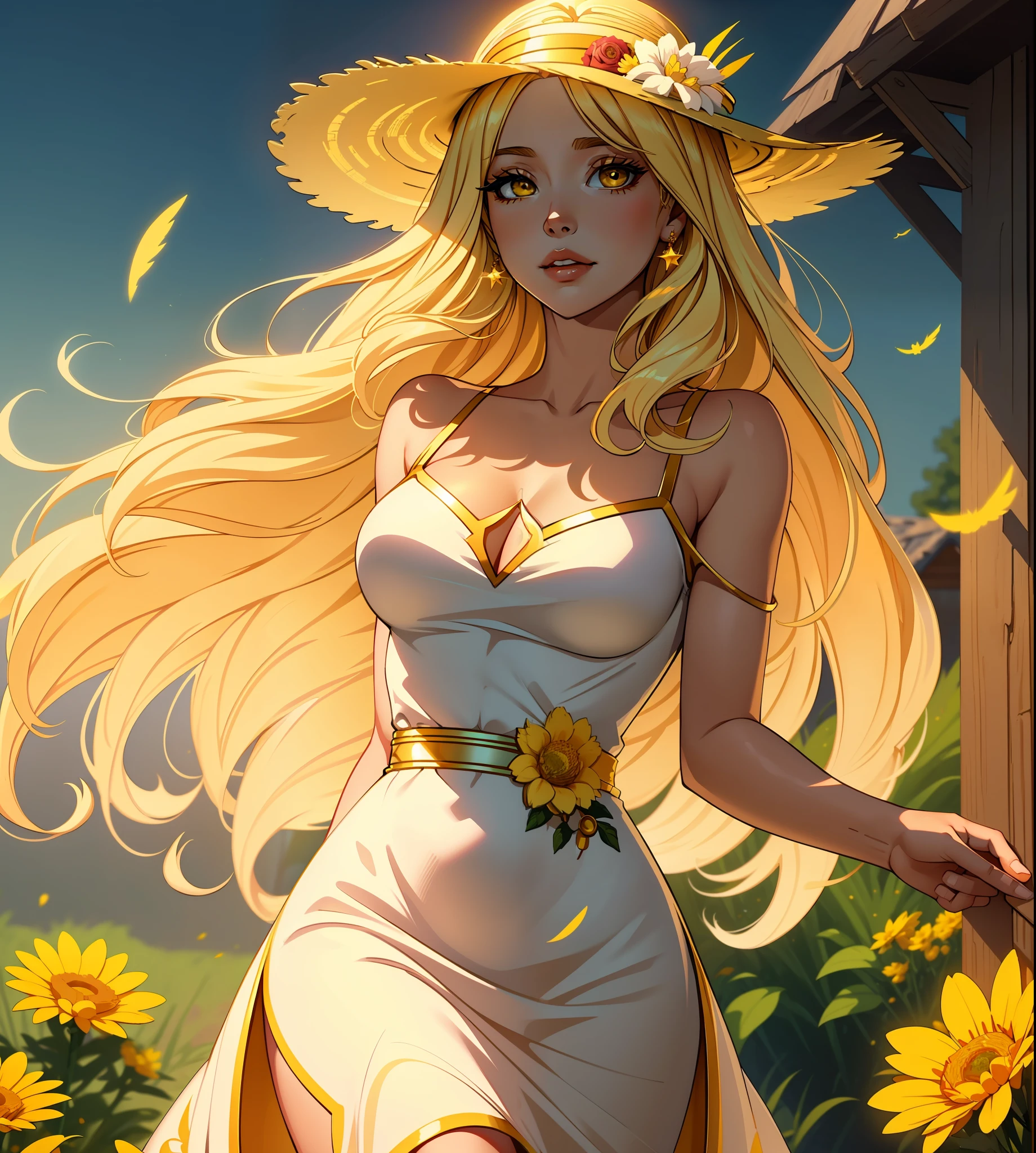 Angel monster girl, golden halo, golden feathered fluffy angel wings, blonde shoulder length hair, brown wide-brimmed sun hat with white flowers, wearing salmon and yellow Fairytale Stars dress, best quality, masterpiece