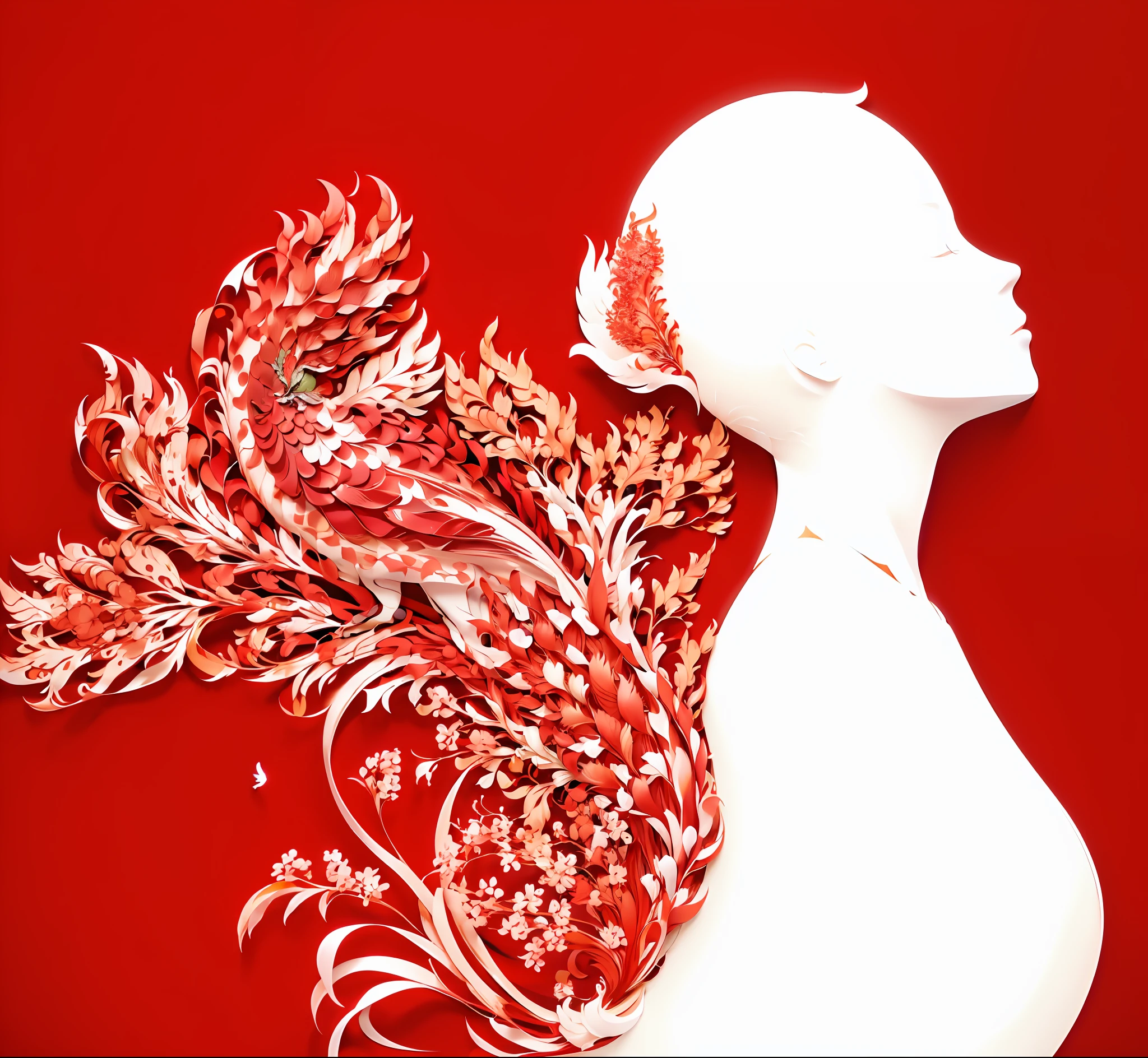 female silhouette,Paper creation,3D立体渲染,Phoenix Tail,sorghum,Peacock feathers,4K分辨率,Simple and natural composition,:White background,Fresh and unearthly style。(:Nature:)