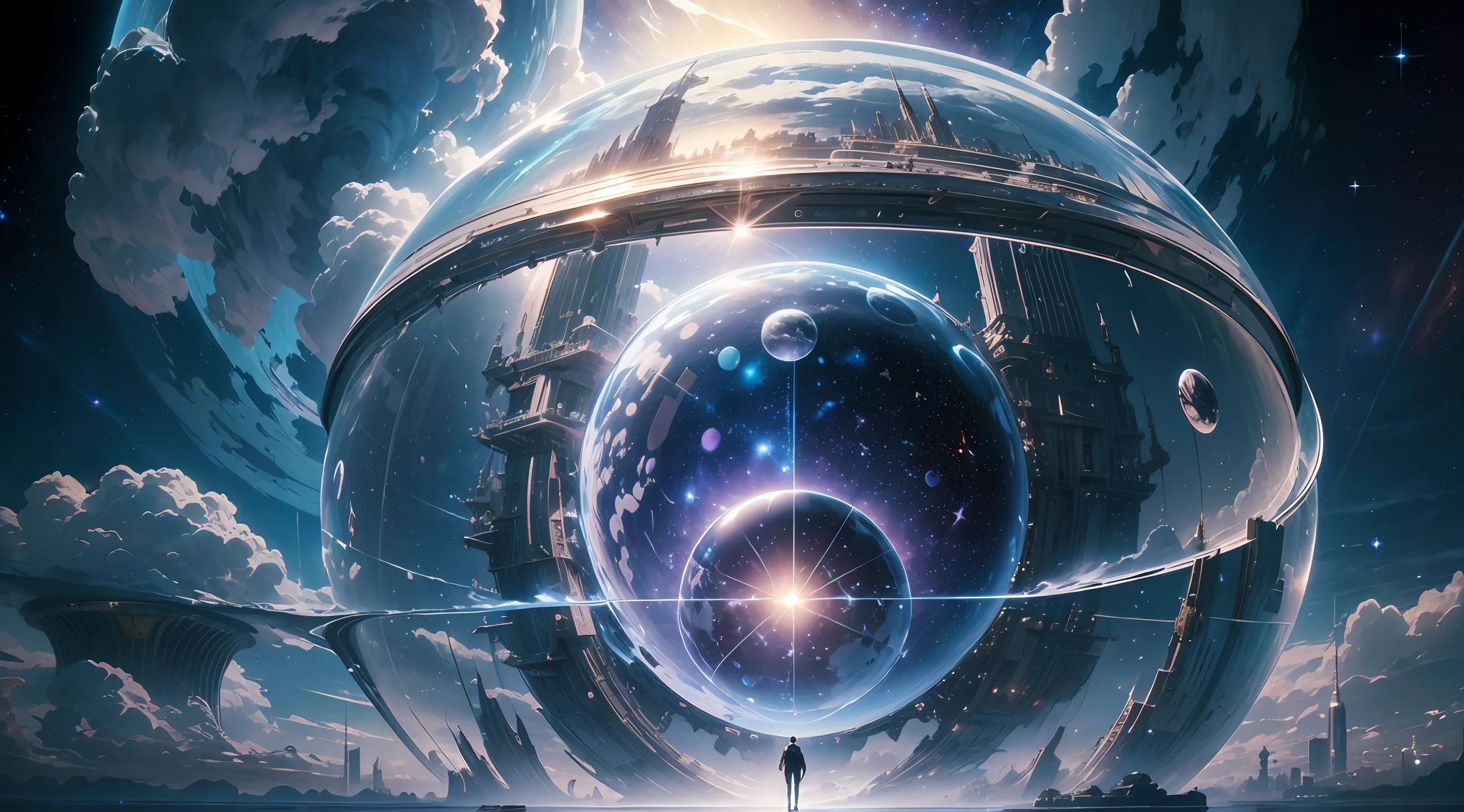 a giant mirrored sphere floating in space, a futuristic city within the sphere, new york, statue of liberty, perspective, twinkling lights, a man admiring, jeans, sweatshirt, (dark sky with clouds and stars:1.3), particles in the air, ray of god, detailed, masterpiece, high resolution, best quality, HD detail, hyper-detail, cinematic, surrealism, soft light, ray tracing and surrealism.