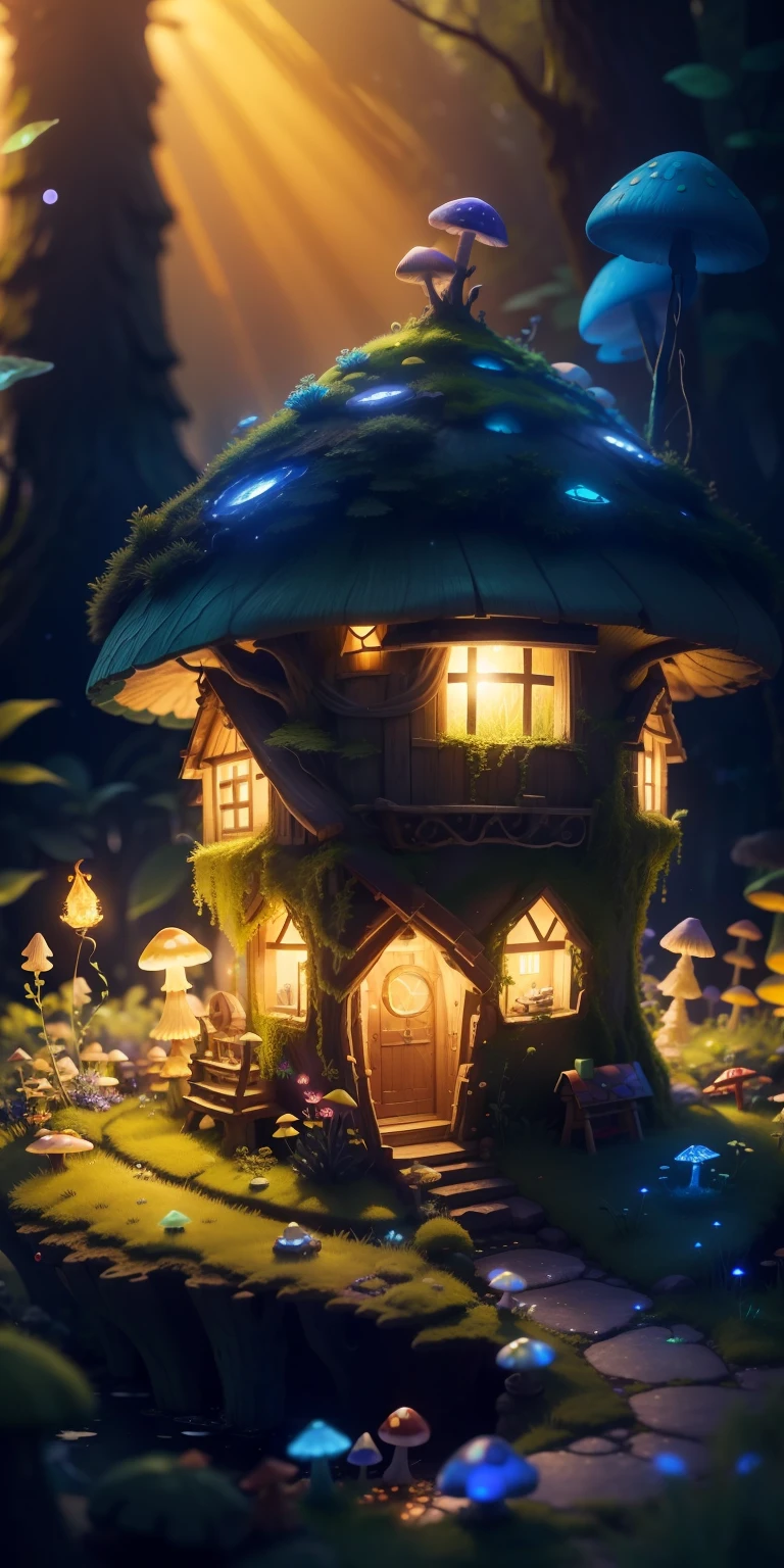 A small pixy's house made of sunlight and mushrooms, glowing with a bioluminescent aura, seen in a full shot from a 8k photorealistic perspective, inspired by a fairy tale, with a van Gogh-like mossy texture and an Impasto-style of Da Vinci. --auto