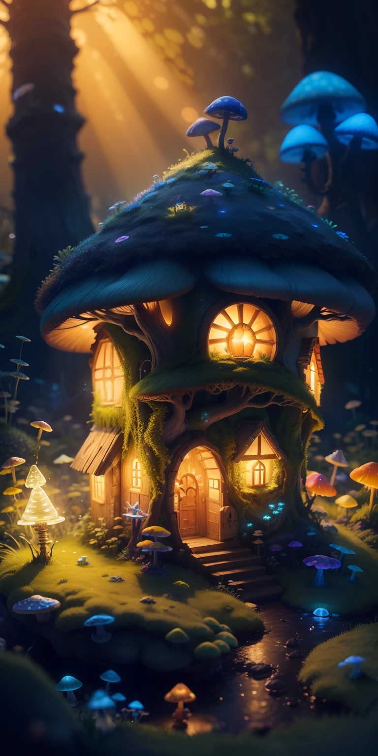 A small pixy's house made of sunlight and mushrooms, glowing with a bioluminescent aura, seen in a full shot from a 8k photorealistic perspective, inspired by a fairy tale, with a van Gogh-like mossy texture and an Impasto-style of Da Vinci. --auto