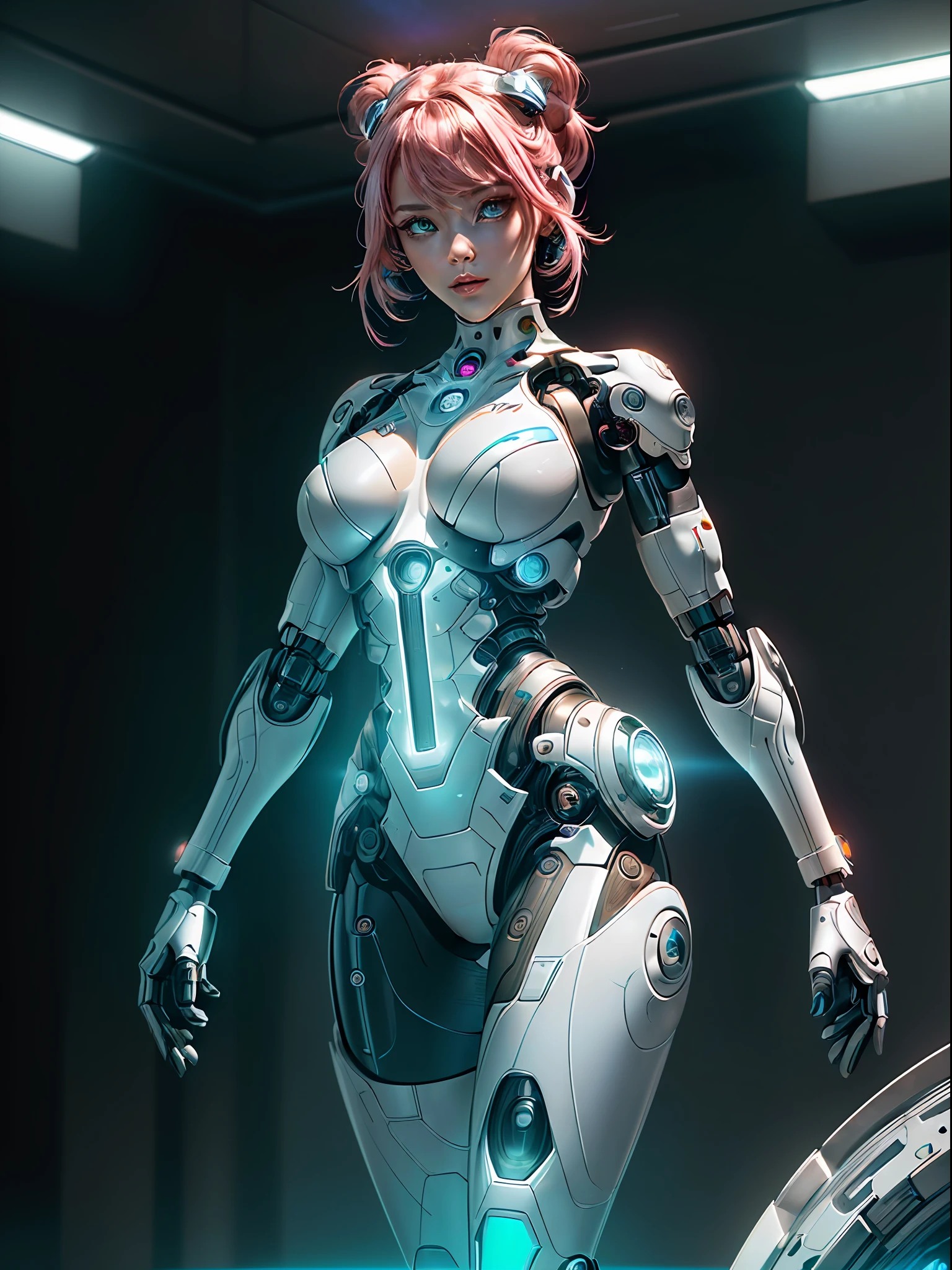 (masterpiece, high resolution, CGI:1.4), (depicting a futuristic cyborg woman with striking pink hair:1.3), (her eyes emanating a mesmerizing blend of green and blue light:1.2), (a combination of human and robotic elements seamlessly integrated throughout her body:1.3), (her arms replaced with sleek, metallic limbs, adorned with intricate circuits and glowing symbols:1.3), (her legs enhanced with bionic enhancements, allowing her to move with grace and precision:1.2), (her skin featuring a seamless blend of organic and synthetic materials, giving her a unique appearance:1.2), (her robotic enhancements designed with meticulous attention to detail, showcasing a balance of aesthetics and functionality:1.2), (the Canon EOS R6 camera used to digitally capture this stunning creation:1.4), (paired with the Canon RF 85mm f/1.2 L USM lens for precise rendering of her features:1.4), (the laboratory environment exuding a sleek and minimalistic design:1.2), (clean white walls and polished metallic surfaces reflecting the futuristic ambiance:1.2), (subtle neon lights casting a soft glow, enhancing the futuristic atmosphere:1.2), (advanced holographic displays showing complex data and schematics:1.2), (the cyborg woman standing confidently amidst the advanced technology, exuding a sense of power and intelligence:1.2), (a captivating and thought-provoking portrayal of the merging of human and machine:1.2).