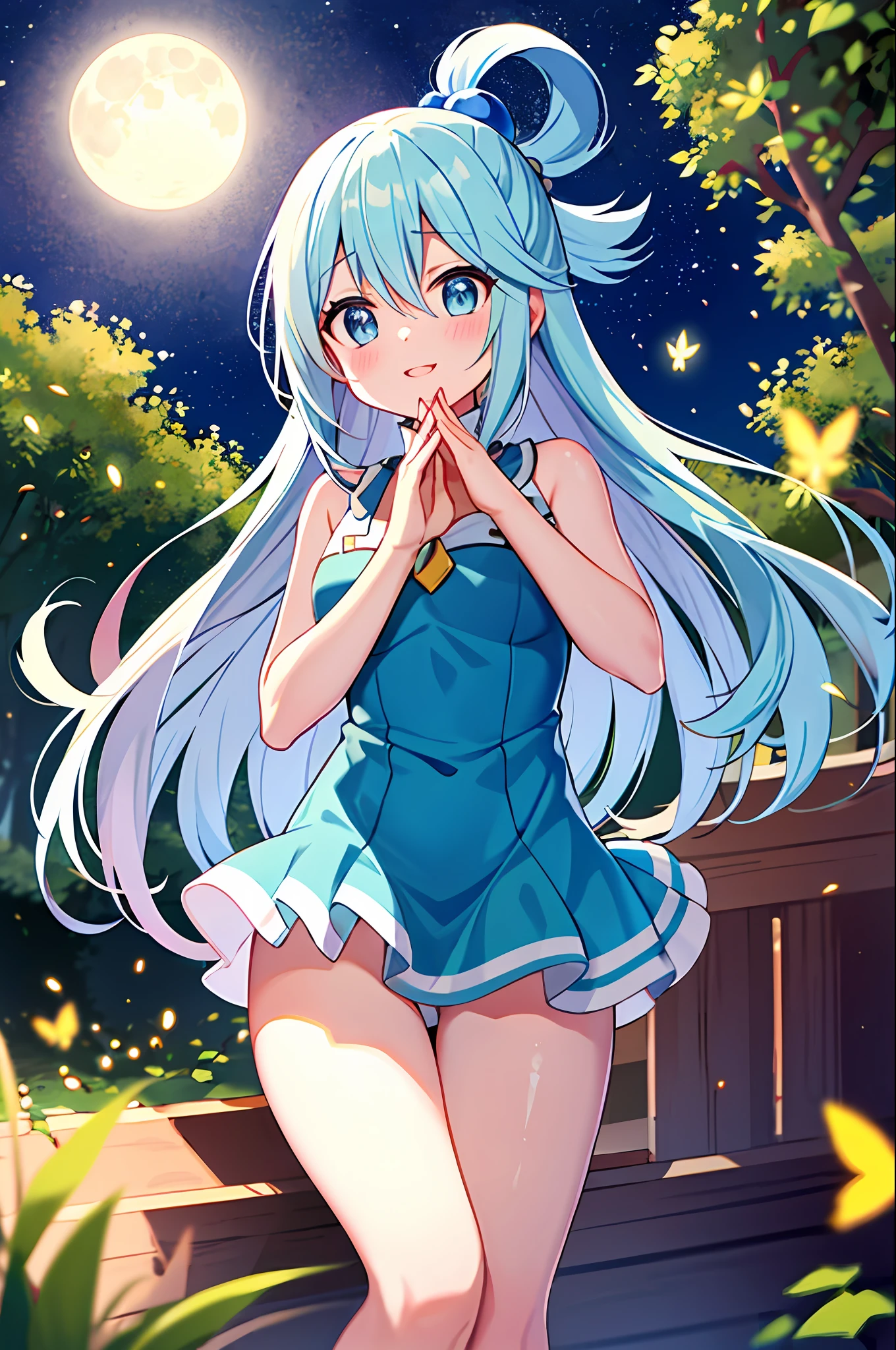 obra-prima, Melhor_qualidade, Aqua do anime KonoSuba, sozinho, olhos azuis:1.5|olhos azuis:1.1,(cabelo azul 1.2|cabelo azul claro), soft hazelnut eyes, flowing wavy hair, meias de tornozelo, olhando para o espectador, meias brancas, ballet shoes, Vestido de sol pastel, corpo inteiro, jardim de vagalumes, surrounded by fluttering fireflies, Full Moon Through the Leaves, serene expression, inverno, hands crossed