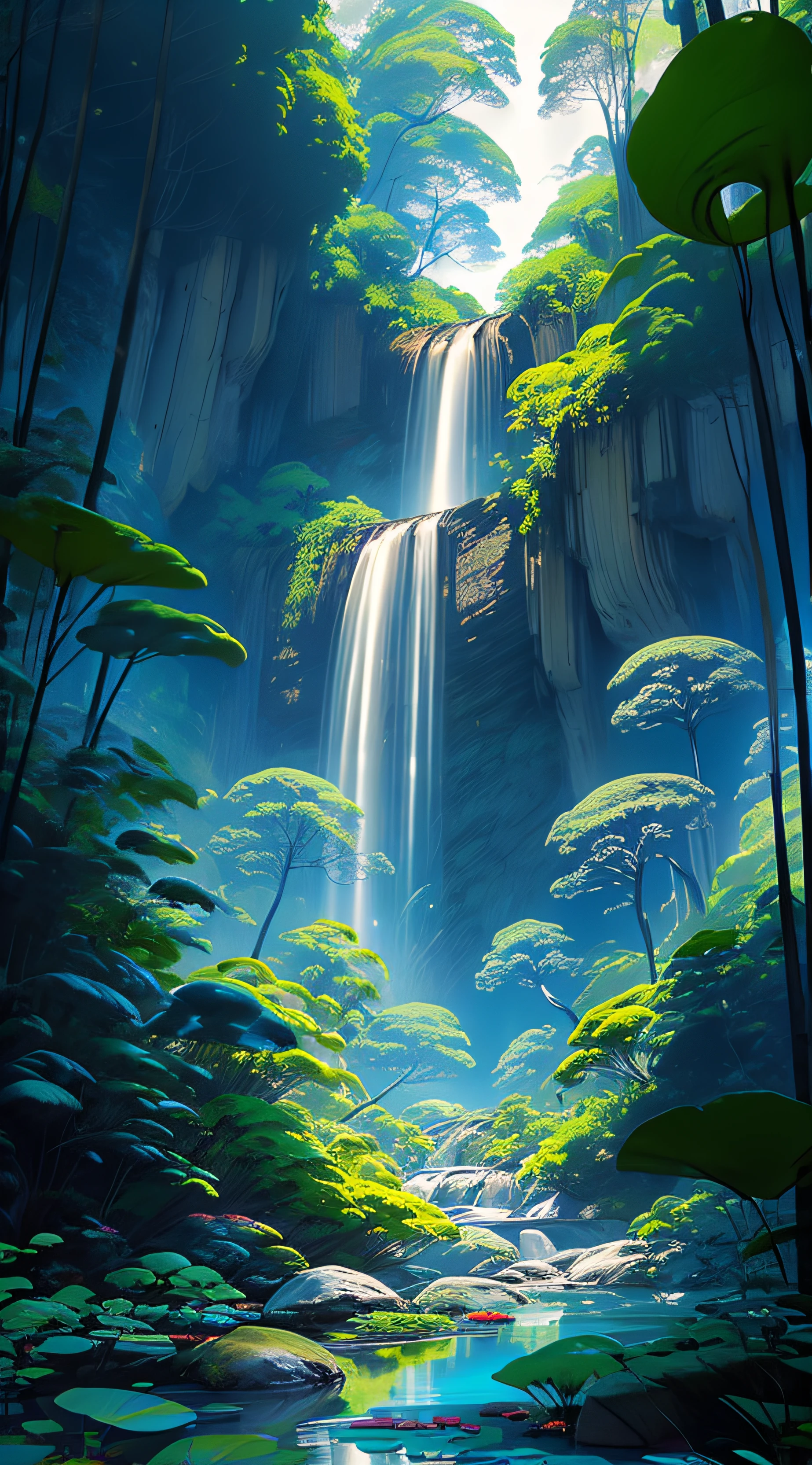 Crie uma cena de planeta como filme avatar, pedras flutuantes, Waters, Florestas com cores florescentes, plantas com cores florescentes, birds, giant trees, blue skies, nuvem, cores vibrantes, vivid colors, MUNDO ESPIRITUAL, Encantado, fantasia, Magic