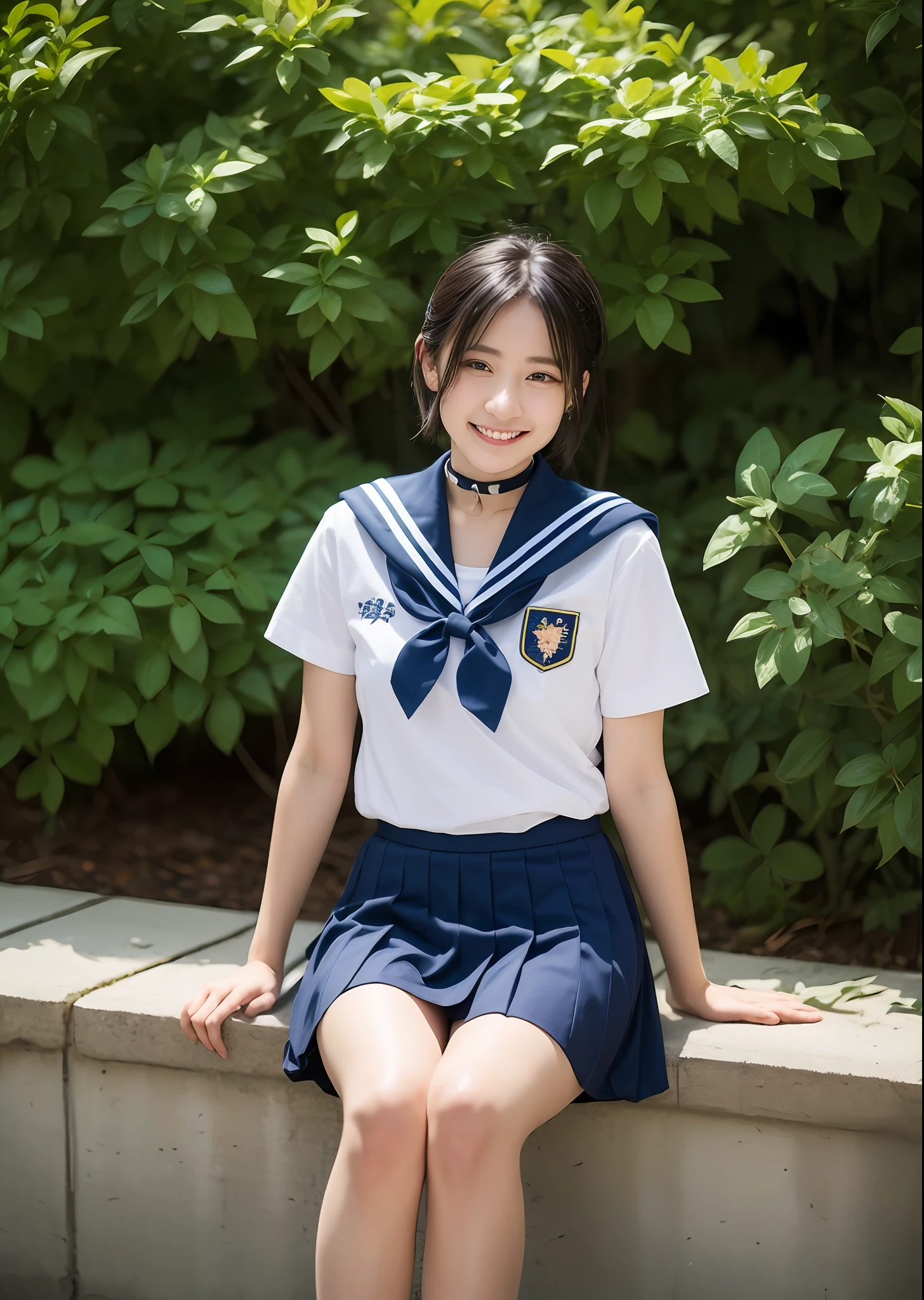 1girl in, bangss, Black_Choker, Black_hair, Blue_sailor_Collar, Blue_Skirt, bush, a choker, 鎖骨, tag, 耳Nipple Ring, florals, jewely, s lips, up looking_で_viewer, plein air, a plant, pleats_Skirt, potted plant_plant, Wagas, sailor_Collar, School_uniform, serafuku, The shirt, Short_hair, Short_sleeves, sitting on, skirt by the, A smile, 独奏, a park