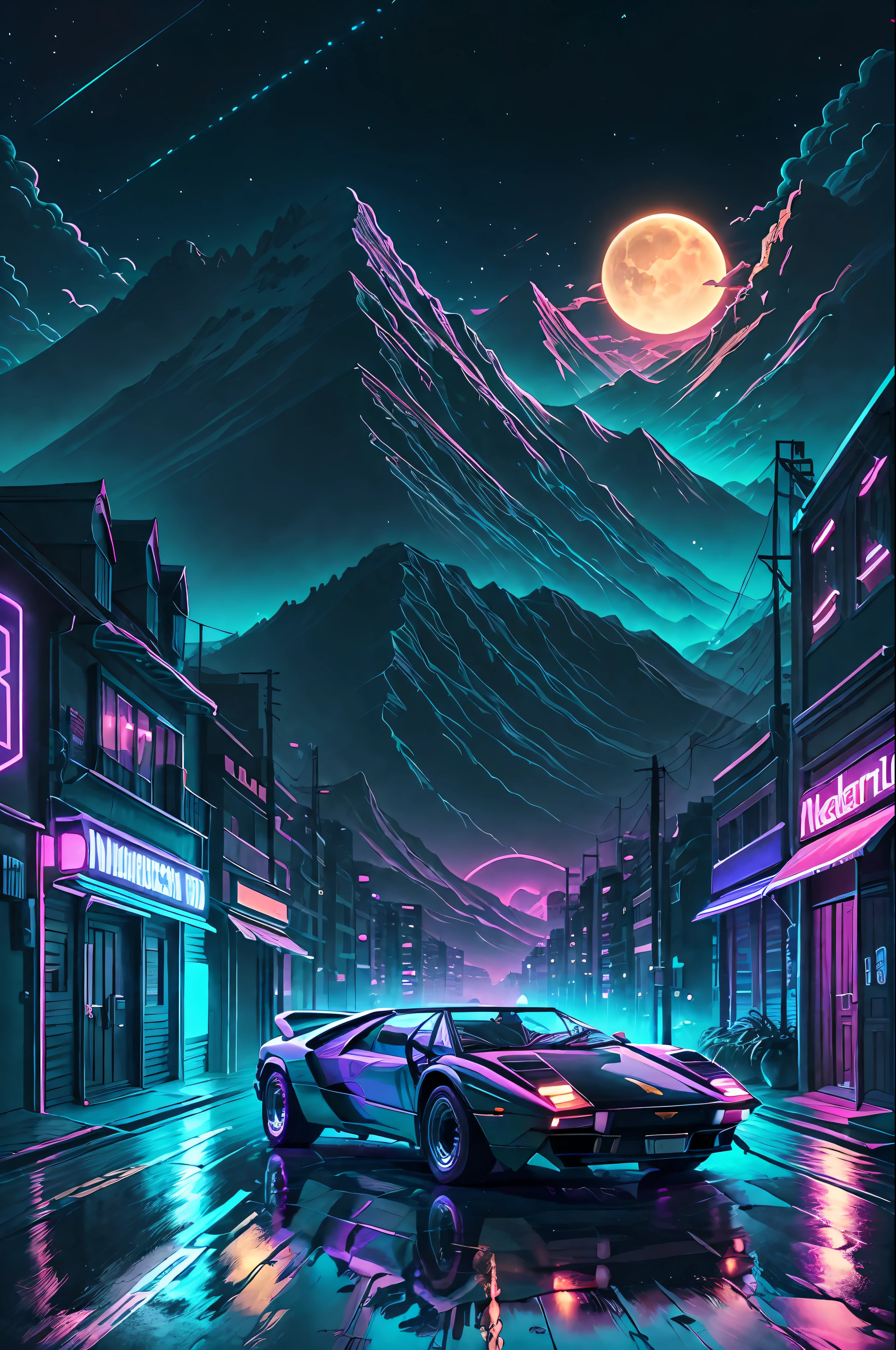 retrowave. city, car lamborghini countach, road, neon lights purple and blue, neon night sun, mountain, (masterpiece, detailed, highres), light grunky, antique vinyl cover effect, 8K, 80's, CD cover, professional art project, super detailed, synthwave, retro electro, by kavinsky, by new retro wave, handmade