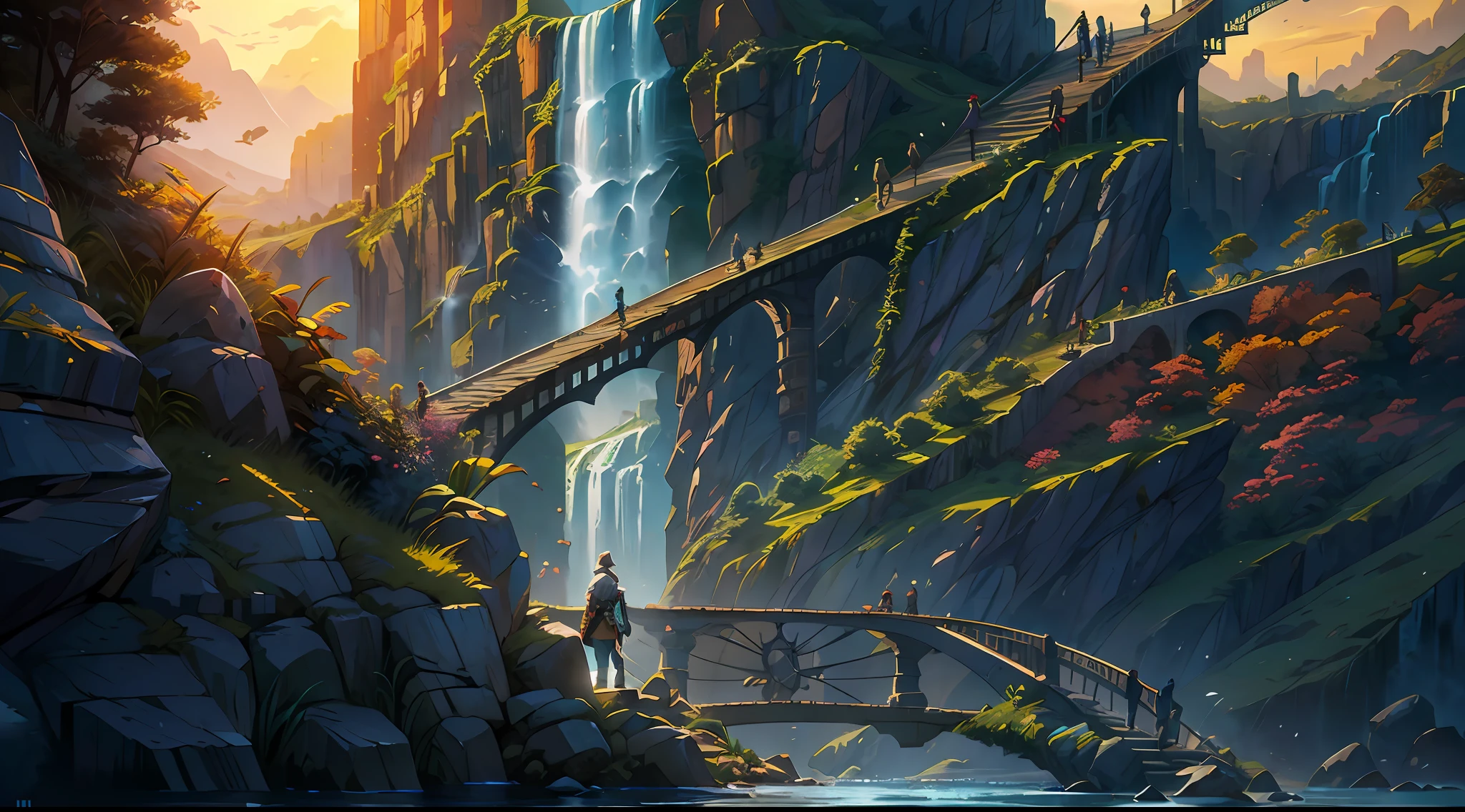 Movie, Relaxation Concept Art, Very Detailed Multiplayer Scene Interactivity, (Man), Woman, Beautiful Artwork Illustration, Detailed Landscape, Highly Detailed Scene, Environmental Design Illustration, Nature, Center Epic Building, Warmth, Night Glow, Original, HDR, (Cliff, Waterfall, Abyss, Rock, Cliff Edge House:1.3), Movie, Slate Grey, Dramatic Light, Architecture, Man Woman, Post-Impressionism, Key Vision, Biophilic Tanzania Bridge, At Twilight, Hair Light, Hearthstone artwork, Unreal Engine