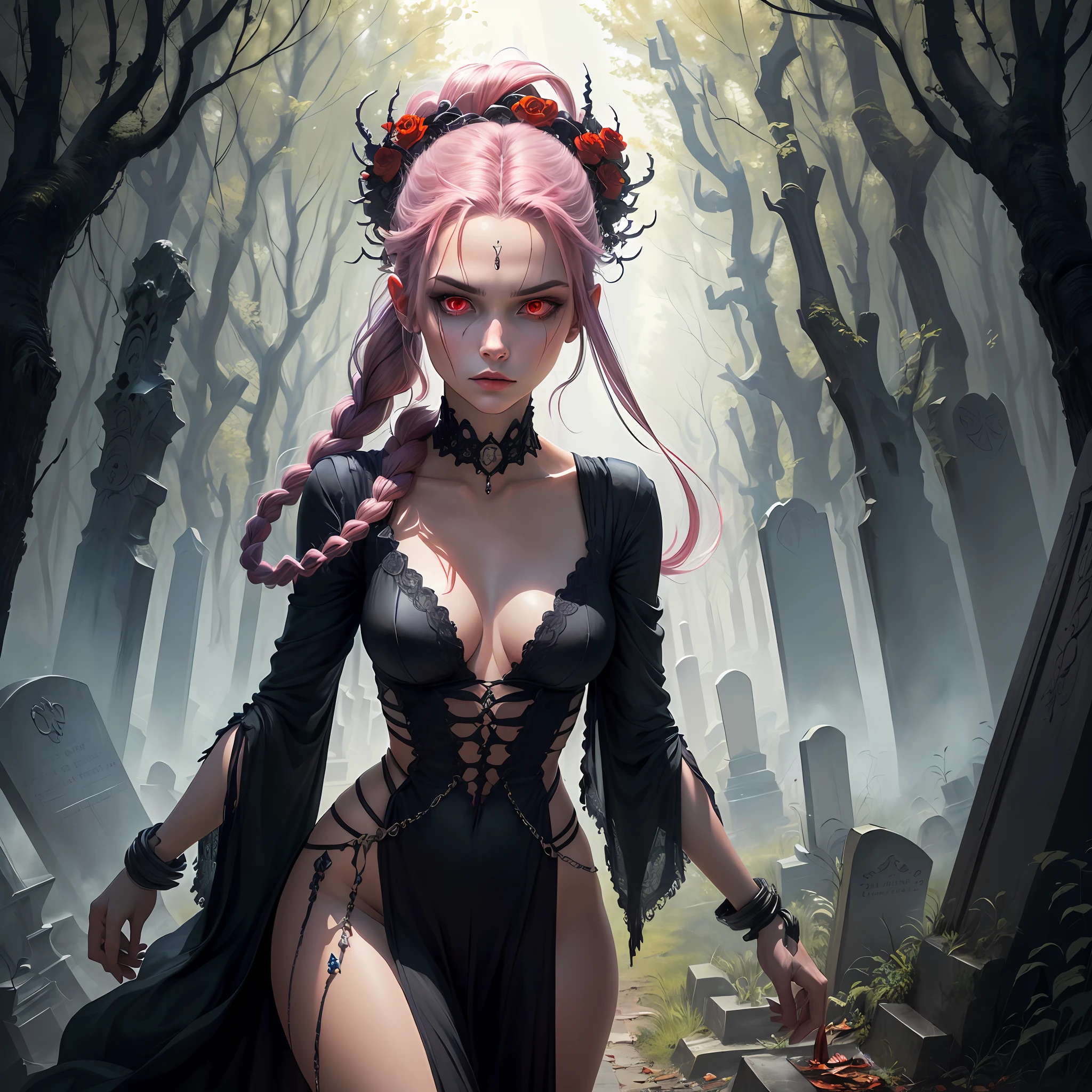 This digital painting depicts a female character with red eyes and snake hair, representing Medusa. The entire image is full of mystery and eerie atmosphere, making people feel both fearful and respectful. Her red eyes seem to be gazing at your soul, and her pile of snake hair looks vividly realistic. The background is a dark cemetery, making this character even more unsettling and strange. The composition of the painting is very lifelike, with every detail being handled meticulously.