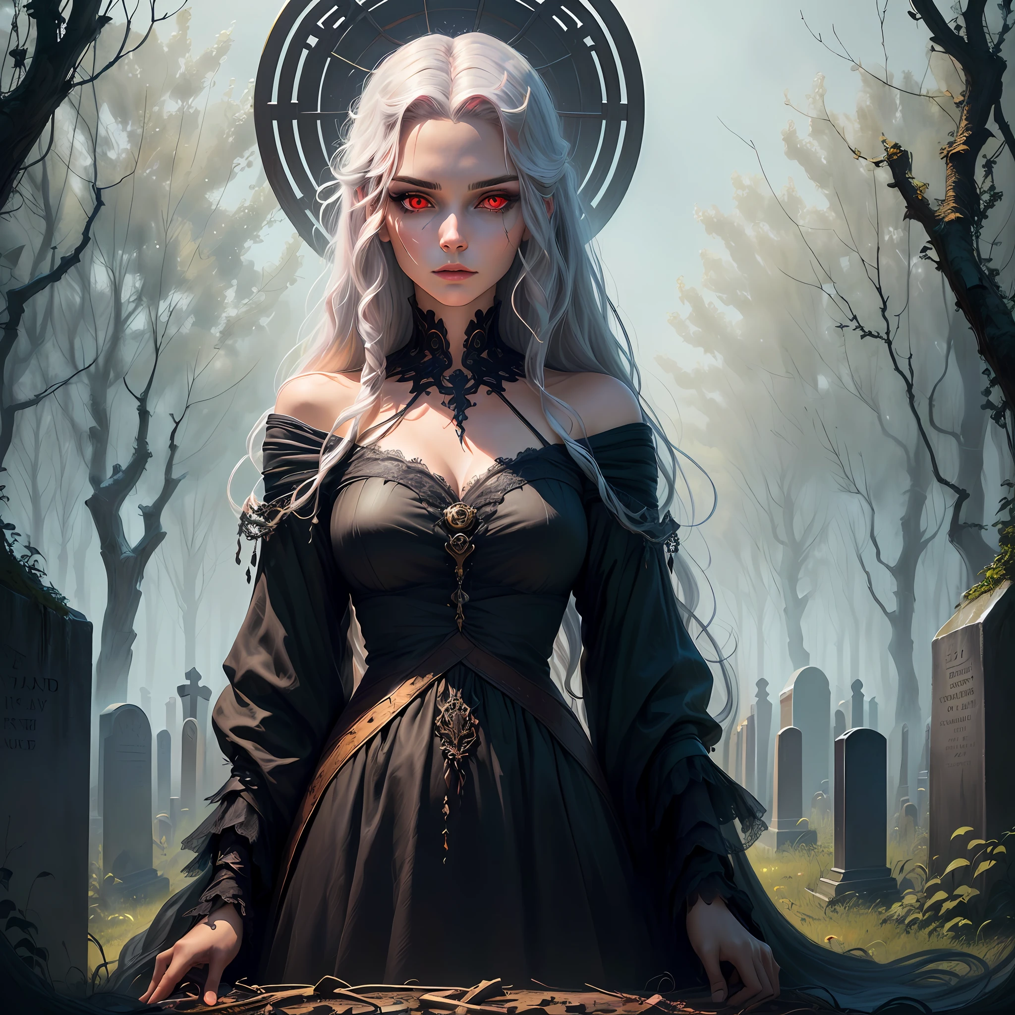 This digital painting depicts a female character with red eyes and snake hair, representing Medusa. The entire image is full of mystery and eerie atmosphere, making people feel both fearful and respectful. Her red eyes seem to be gazing at your soul, and her pile of snake hair looks vividly realistic. The background is a dark cemetery, making this character even more unsettling and strange. The composition of the painting is very lifelike, with every detail being handled meticulously.