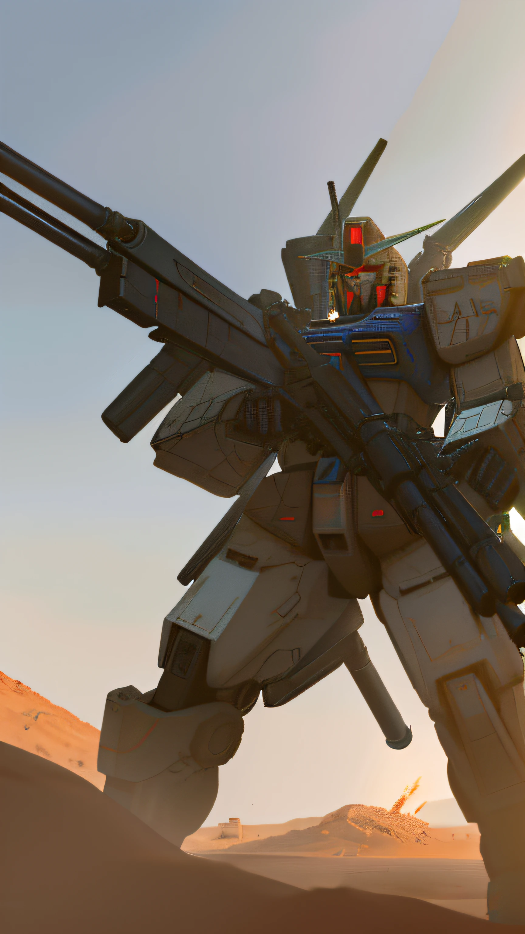 mech warrior, ginat robot, machine, bulky, strong, massive, realistic guns, machine guns, dystopian desert world, destroyed buildings, warzone, robot war, (Beam rifle fire:1.5), (Robot flying in the air:1.5), mecha, masterpiece, 8k, blender render, concept art, high definition, artstation, masterpiece, mechanical design, v-fin, absurdres, photorealism, detaield head structure, insanely detailed, hard surface modelling, unreal engine, missile strike, cinematic, studio made, smooth lighting, sharp focus, close up, gigantic, warframe, gundam, FSS-MH, msgirl girl, holding weapon,(holding huge gun:2), holding large shield, (long leg), Rocket on my back ,