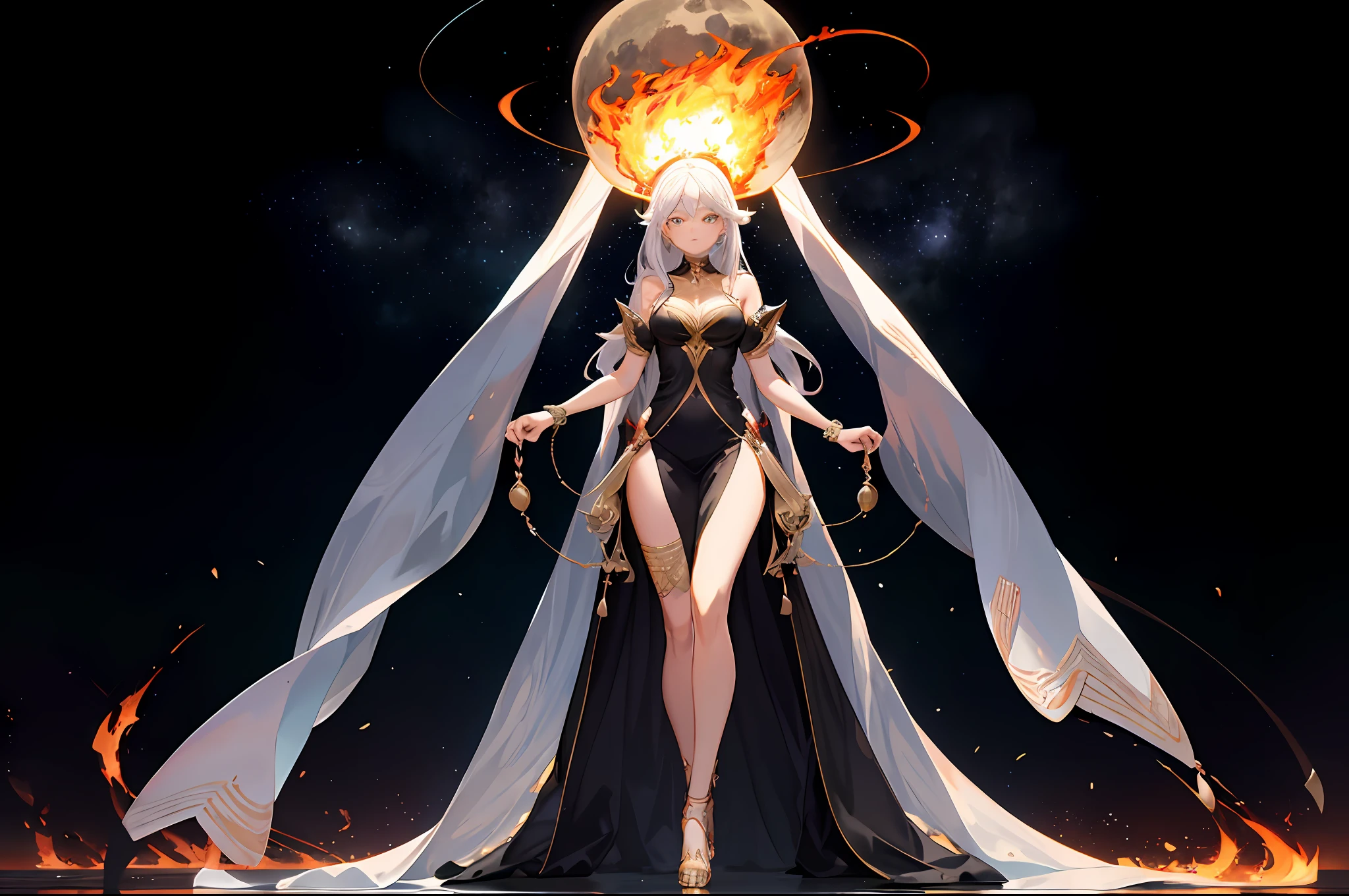 On an unknown and distorted planet with 3 moons and a chariot on fire a beautiful woman with eyes that let out fire is looking forward and destroying the vegetation wherever she passes