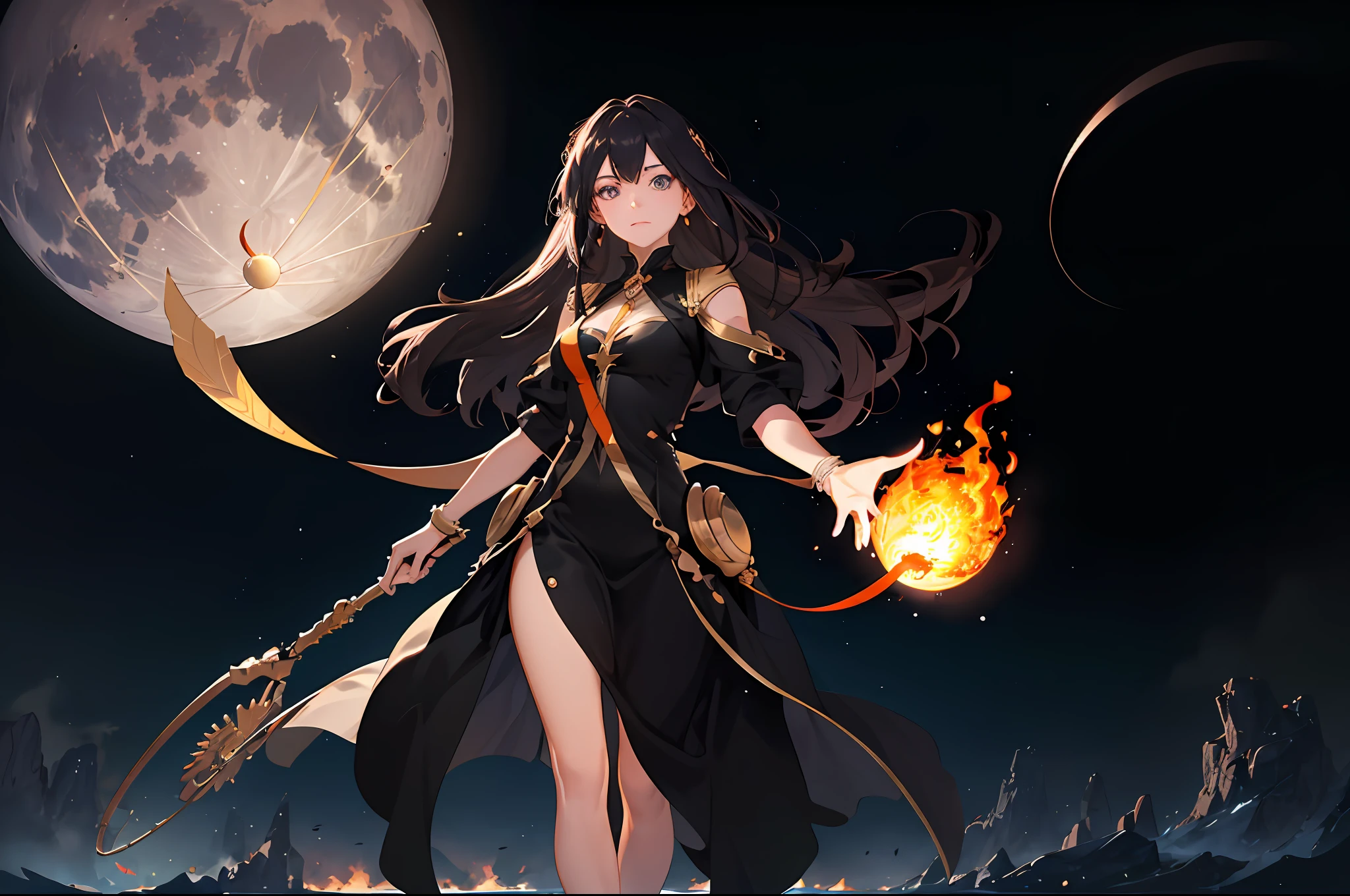 On an unknown and distorted planet with 3 moons and a chariot on fire a beautiful woman with eyes that let out fire is looking forward and destroying the vegetation wherever she passes