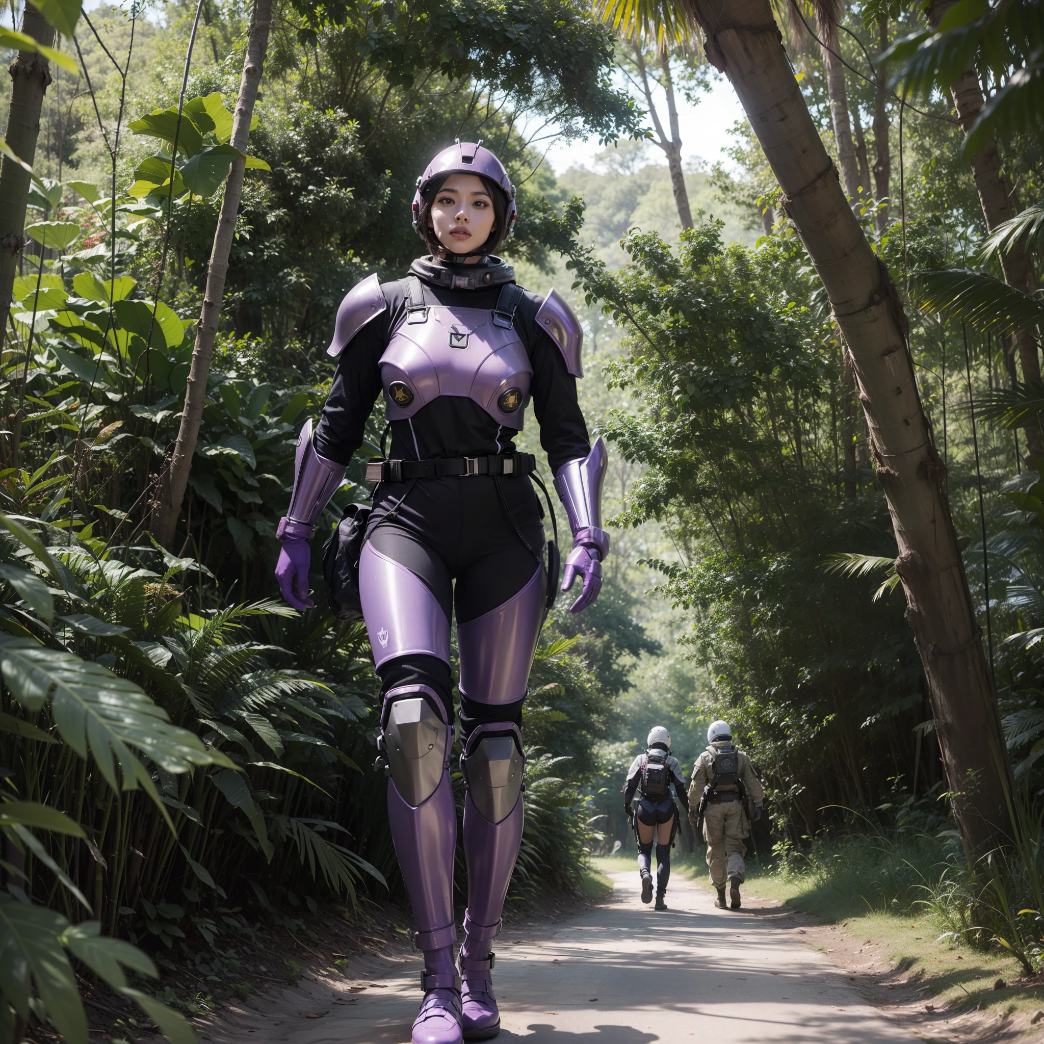 Female soldiers, futuristic, armoured space suit, walking through a forest, the trees are purple palm trees, the beach is visible through the trees