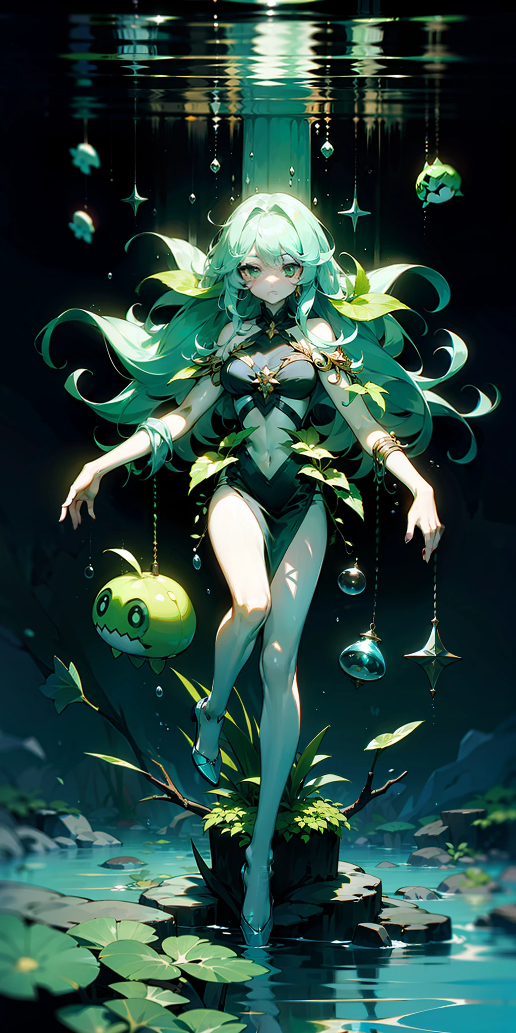 There is only one huge goddess，Green long hair，Green eyes，Use plants as decorations，Corolla made of plants，Loss of body expression，Submerged in the deep sea，The plants on the seafloor are decomposed，Full body photo，Terraria calamity，The goddess of the forest who was thrown into the primordial dryad of the sea of blood，rich details​，Plants on the seabed were severely damaged，Ultra-clear image quality，8k,Soft light source