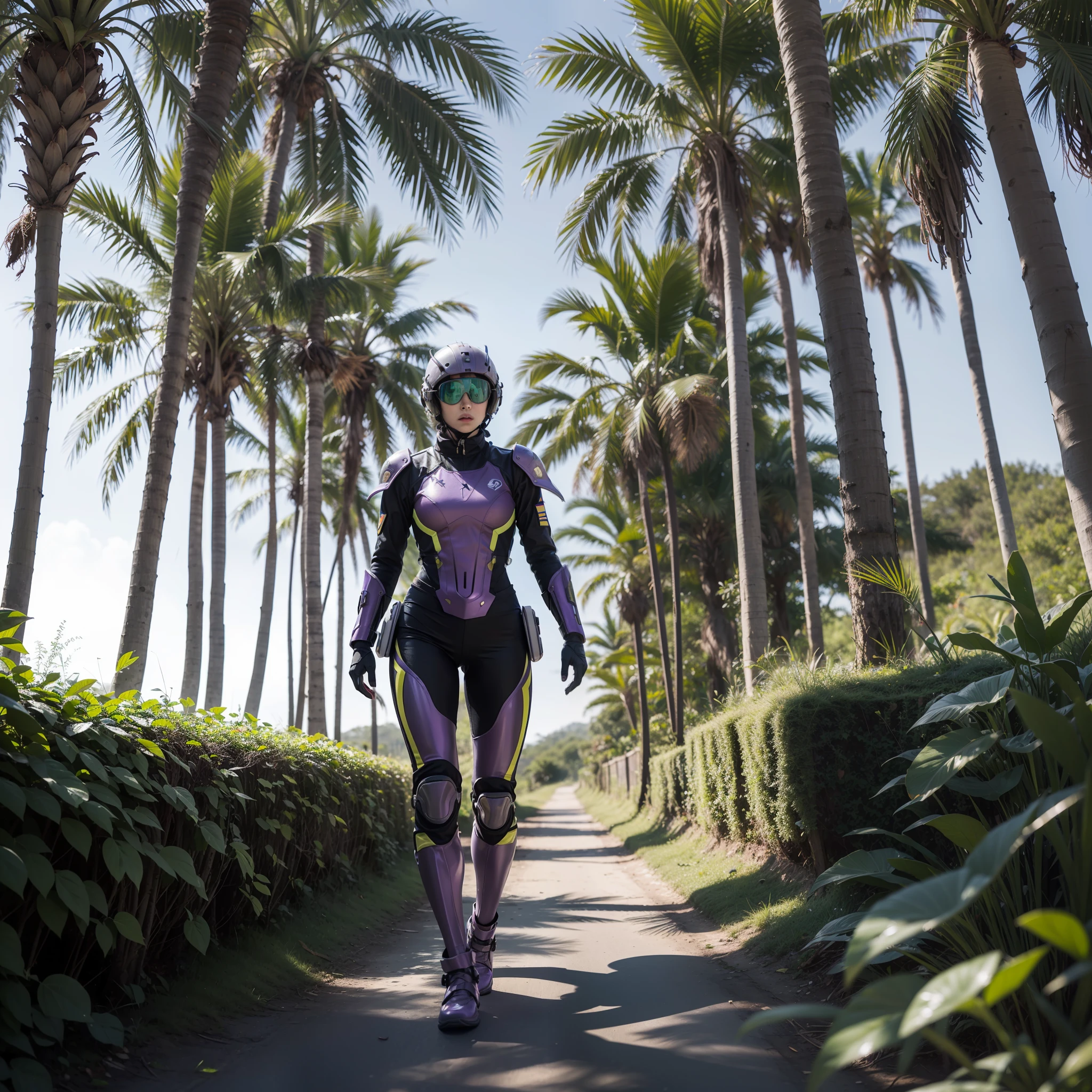 Female soldiers, futuristic, armoured space suit, walking through a forest, the trees are purple palm trees, the beach is visible through the trees