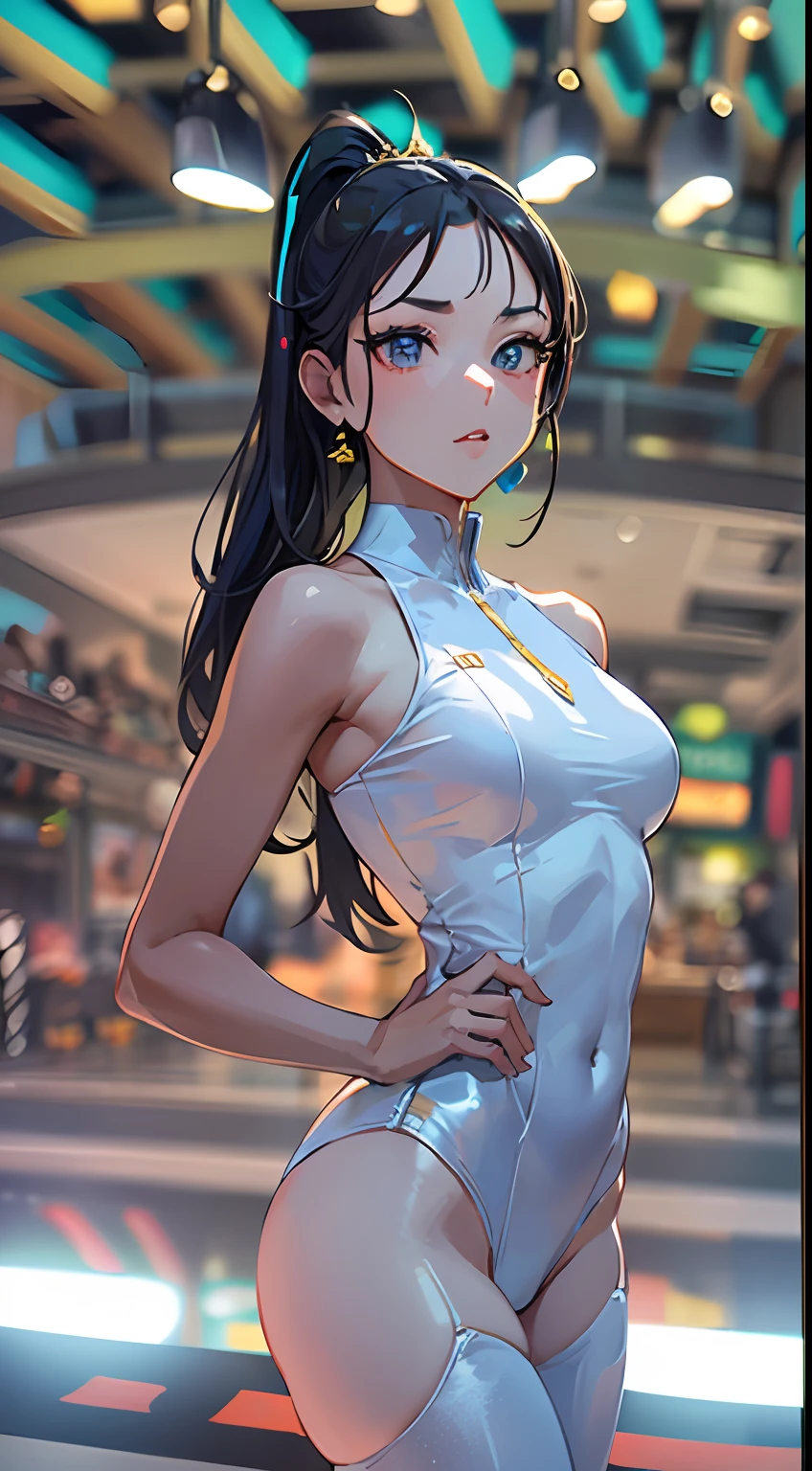 ((Masterpiece)), best quality, absurderes, ultra detailed, holographic, cowboy shot, dynamic pose, golden ratio, super cute girl, mature girl, super beautiful Asian girl with super beautiful eyes, super beautiful hair, high ponytail, nice and sexy body, slim and delicate body, perfect body, wearing a super tight and white leotard, a neon cat diadem, being photographed in a futuristic cinema
