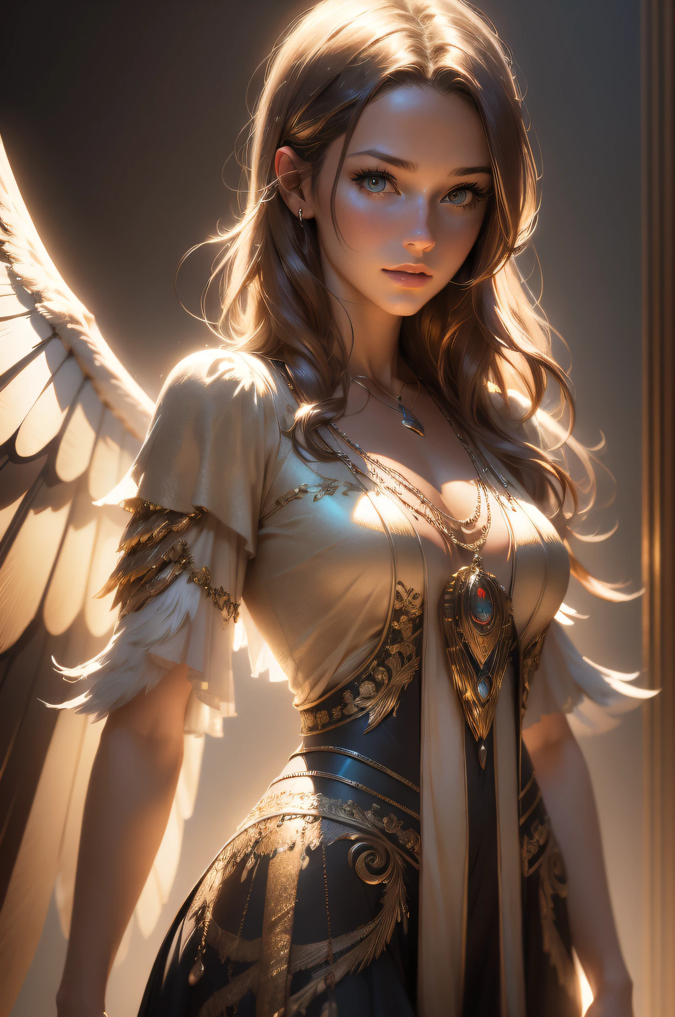 AshleyCipher  
(photorealistic:1.5), portrait, a woman , winged necklace, tone mapped, detailed, highly detailed, digital painting, artstation, concept art, smooth, sharp focus, beautiful illustration, photo, backlit, dynamic lighting, fog, intricate, film grain, professional, facing the viewer, (beautiful m3d_woman, prefect m3d_face), volumetric lighting, subsurface scattering, good highlights, good shading, cinematic, (highest quality, award winning, masterpiece:1.6), 
(35mmstyle:1.1), front, masterpiece, 1970s film, , cinematic lighting, photorealistic, high frequency details, 35mm film, (film grain), film noise,