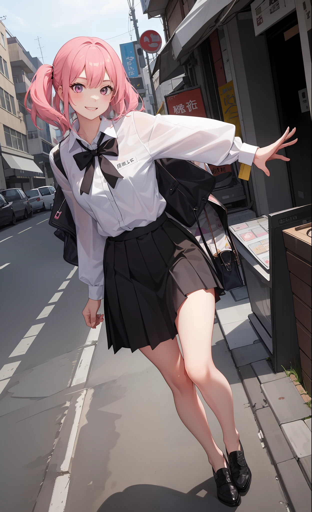 1girl in、A smile、The shirt、skirt by the、（small tits）Chilarism、movement、A delightful、sano、Pink hair、
