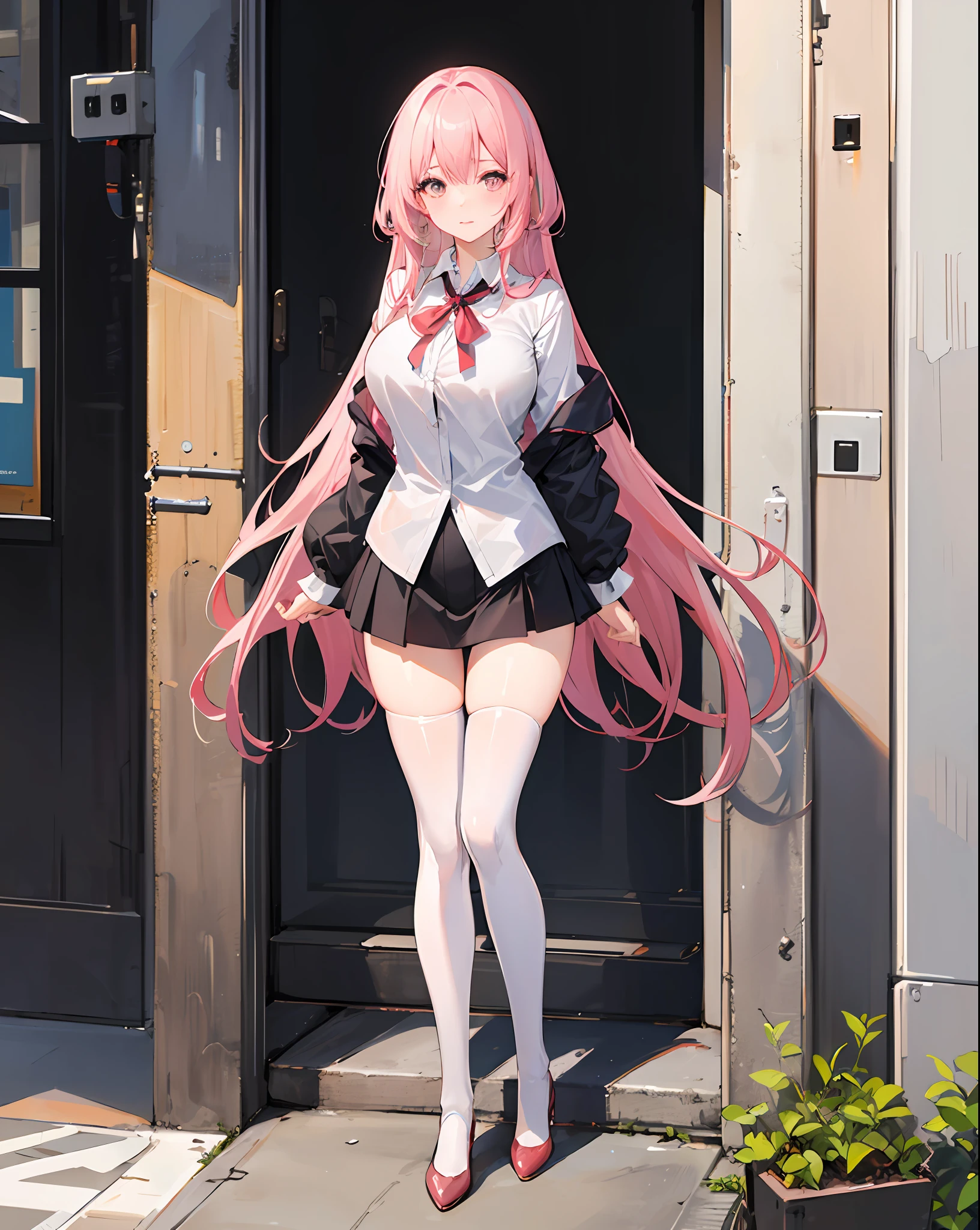 1girll,Large breasts,(Black JK miniskirt),White color blouse,(Long pink hair),white stockings,On the street