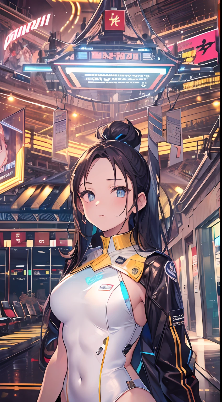 ((Masterpiece)), best quality, absurderes, ultra detailed, holographic, cowboy shot, dynamic pose, golden ratio, super cute girl, mature girl, super beautiful Asian girl with super beautiful eyes, super beautiful hair, high ponytail, nice and sexy body, slim and delicate body, perfect body, wearing a super tight and white leotard, a neon cat diadem, being photographed in a futuristic cinema