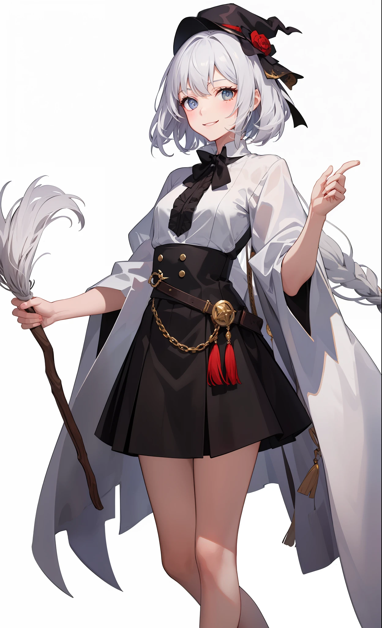 1girl in、A smile、The shirt、Blouse、skirt by the、(small tits)Chilarism、movement、Hats、cloaks、magic wands、Sorcerer、white hair、