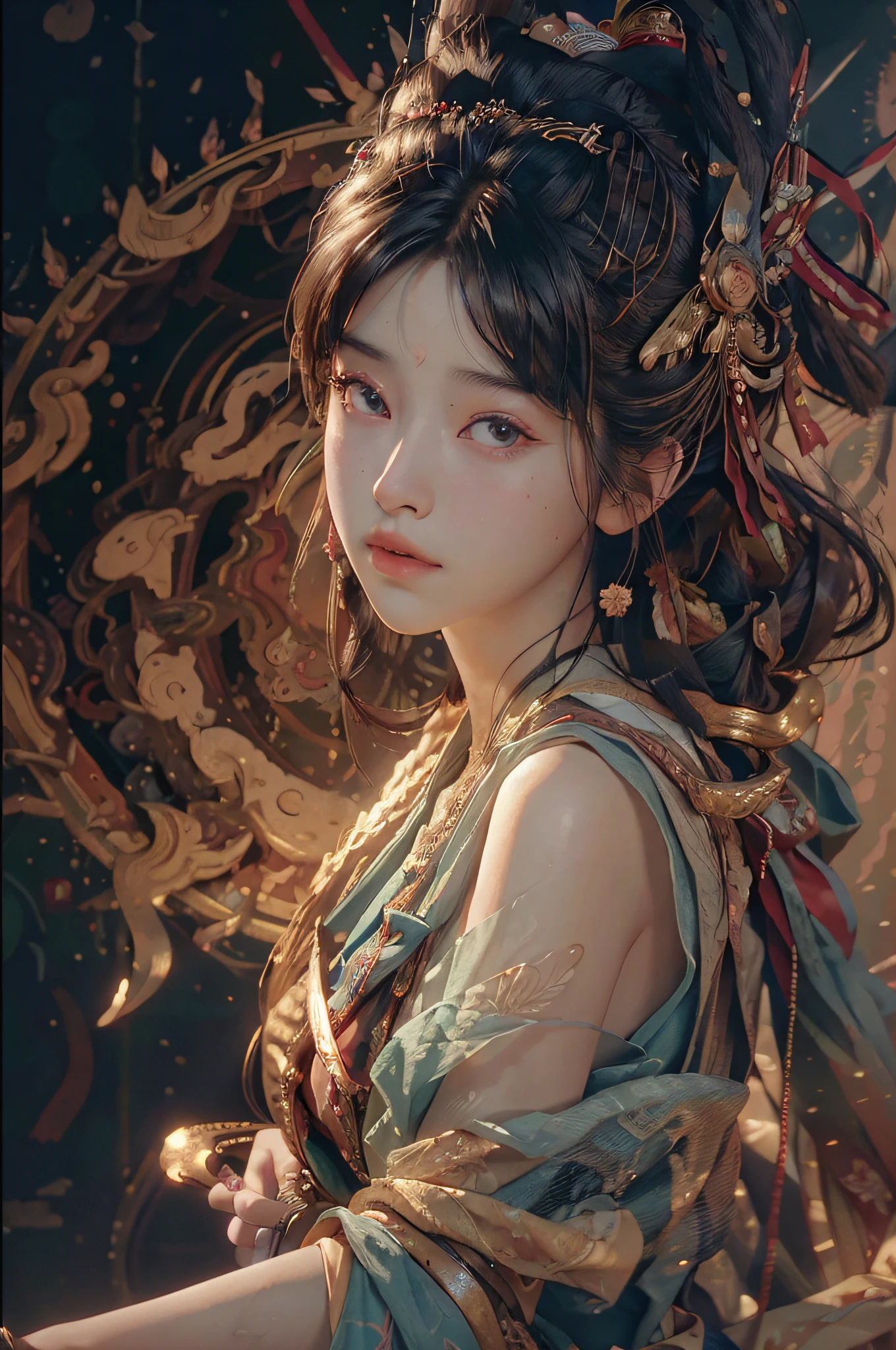 (RAW photo, best quality), (realistic, photo-realistic:1.3),best quality,highly detailed,masterpiece,ultra-detailed,illustration,1girl,upper_body,dynamic angle,world masterpiece theater,messy_long_hair,best quality,extremely detailed CG unity 8k wallpaper,ink,Amazing,cinematic lighting,lens_flare, dunhuang_style