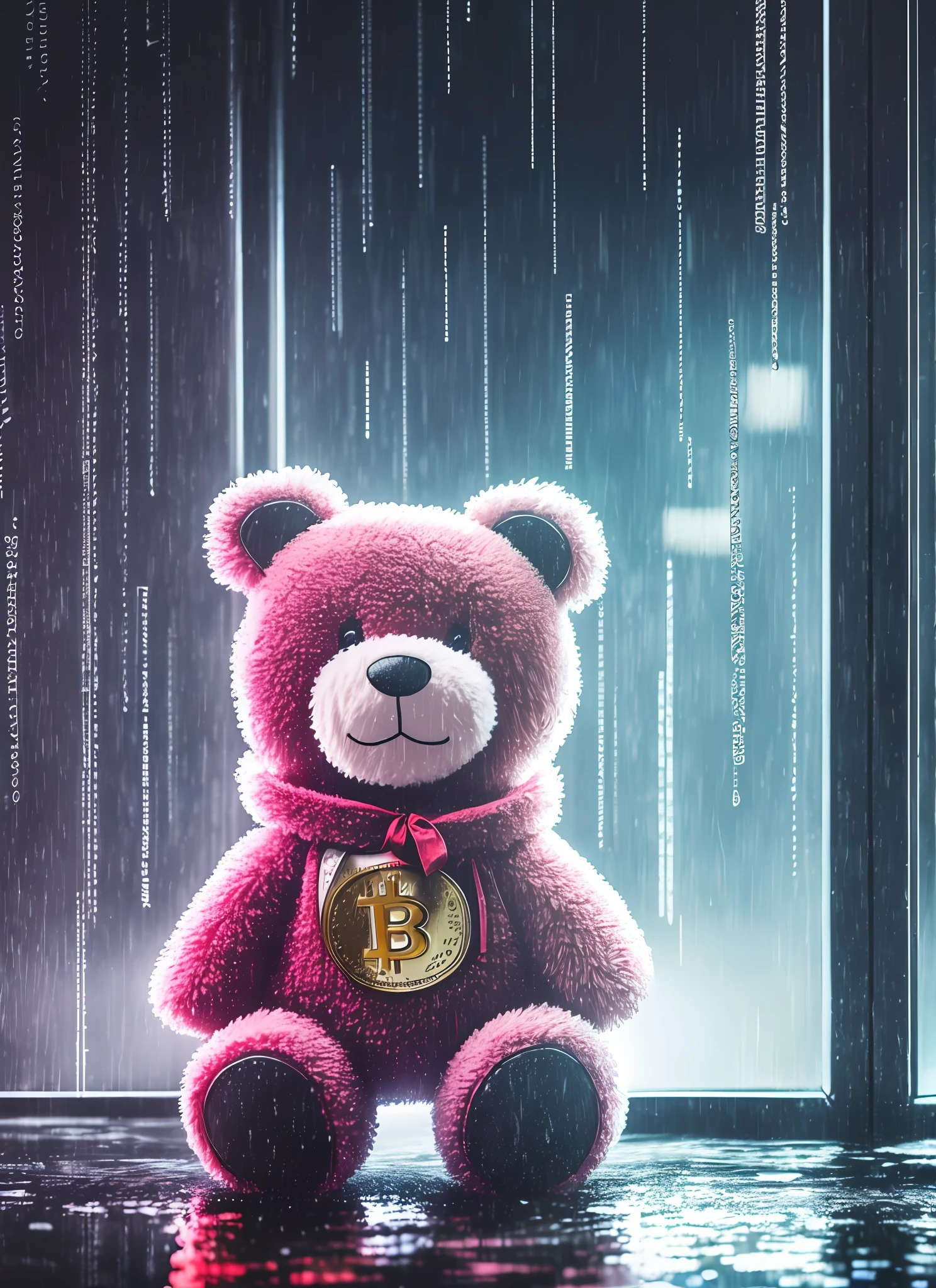 "Soaked plush teddy bear,bitcoin, (cyber punk perssonage:1.1),rainy days,Epic realism,Lutkovsky,HighDynamicRange,Fine and dense,super detailing,Cinematic picture,rim-light,pastelcolor"。