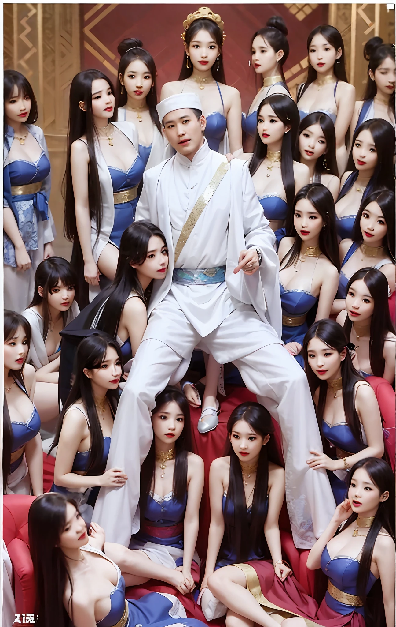 a group of asian women posing for a picture with a man in a white robe, inspired by Wu Bin, inspired by Guan Daosheng, trending on cgstation, full body xianxia, yanjun chengt, flowing white robes, tang mo, new album cover, trending at cgstation, xianxia fantasy