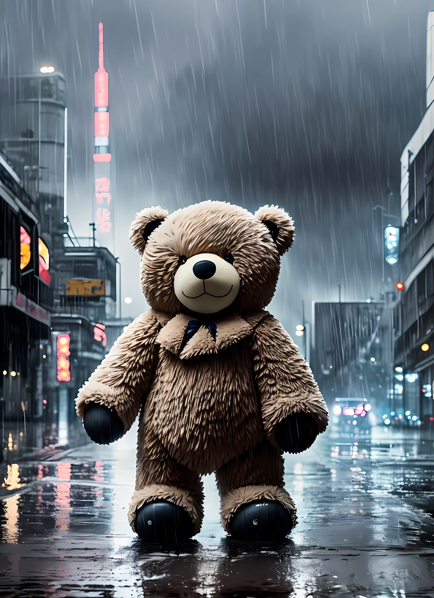 "Soaked plush teddy bear,(cyber punk perssonage:1.1),rainy days,Epic realism,Lutkovsky,HighDynamicRange,Fine and dense,super detailing,Cinematic picture,rim-light,pastelcolor"。