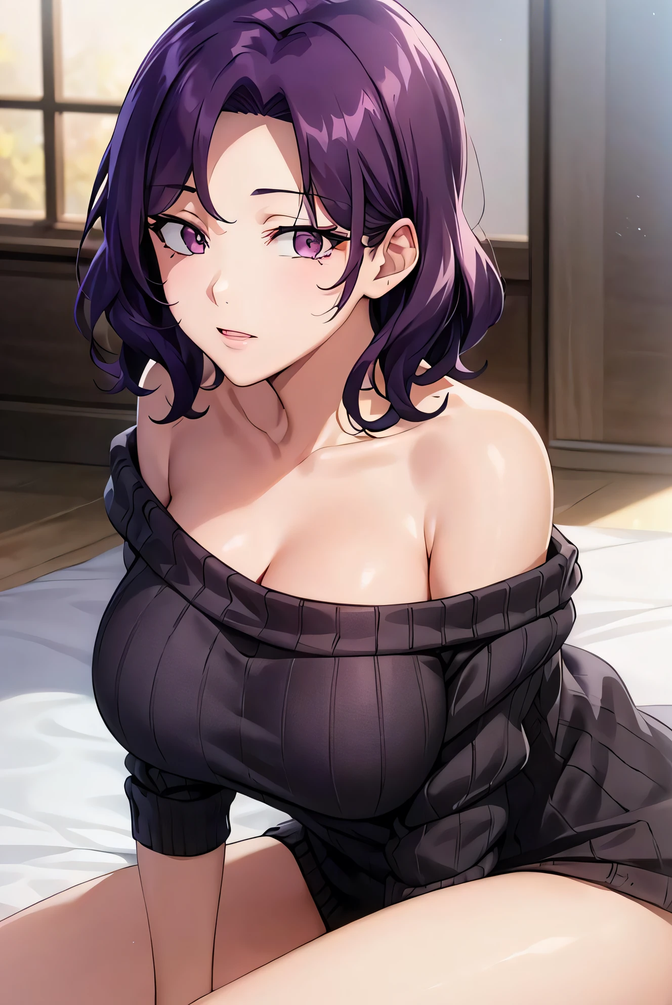 masterpiece, (best quality), 1woman, ,hamaoka_azusa, purple hair , purple eyes,medium hair,sexy woman, collarbone ,best quality ,sweater,bare shoulders, vibrant colors ,natural lighting ,RTX, big breasts, beautiful, (detailed face:1.2), showcase, (perfect eyes:1.1) ,(photorealistic:1.1), 8k uhd, looking a viewer, simple backround