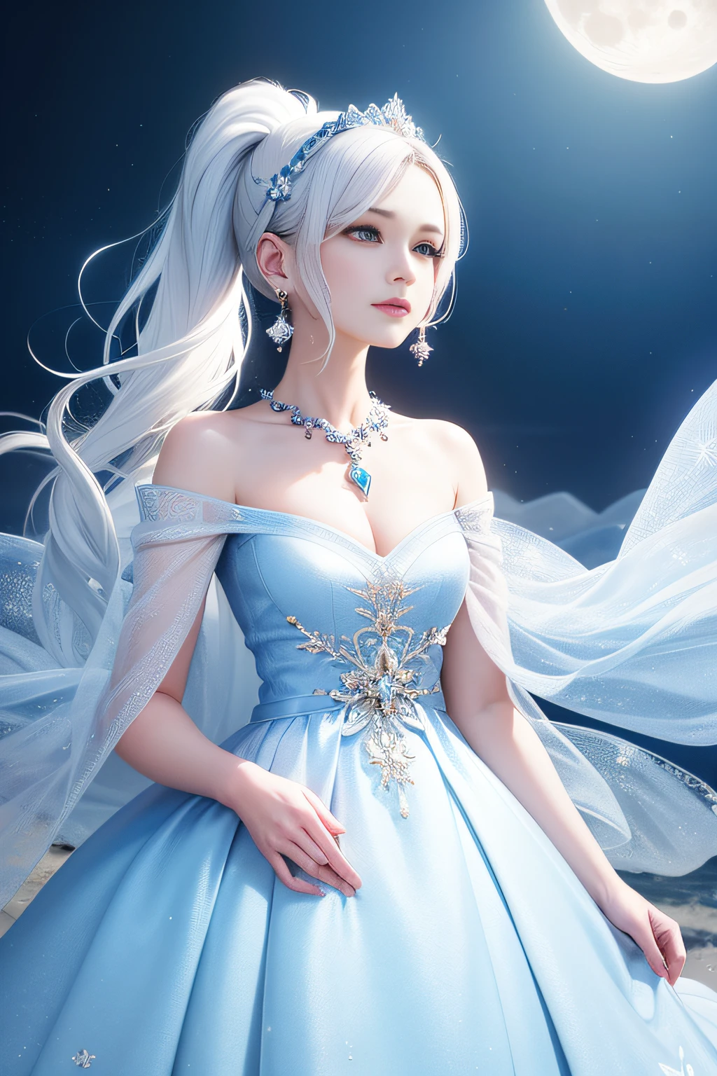masterpiece, (best quality:1.2), (ultra-detailed:1.2), illustration, (an extremely delicate and beautiful:1.2),cinematic angle,floating, (beautiful detailed eyes:1.1), (detailed light:1.1),cinematic lighting, beautifully detailed sky, women, white hair, blue eyes, (high ponytail:1.1), cloak, glowing eyes, (moon:1.2), (moonlight:1.1), starry sky, (lighting particle:1.1), fog, snow painting, sketch, bloom,jewel,Hair Accessories,Pendant,Earrings