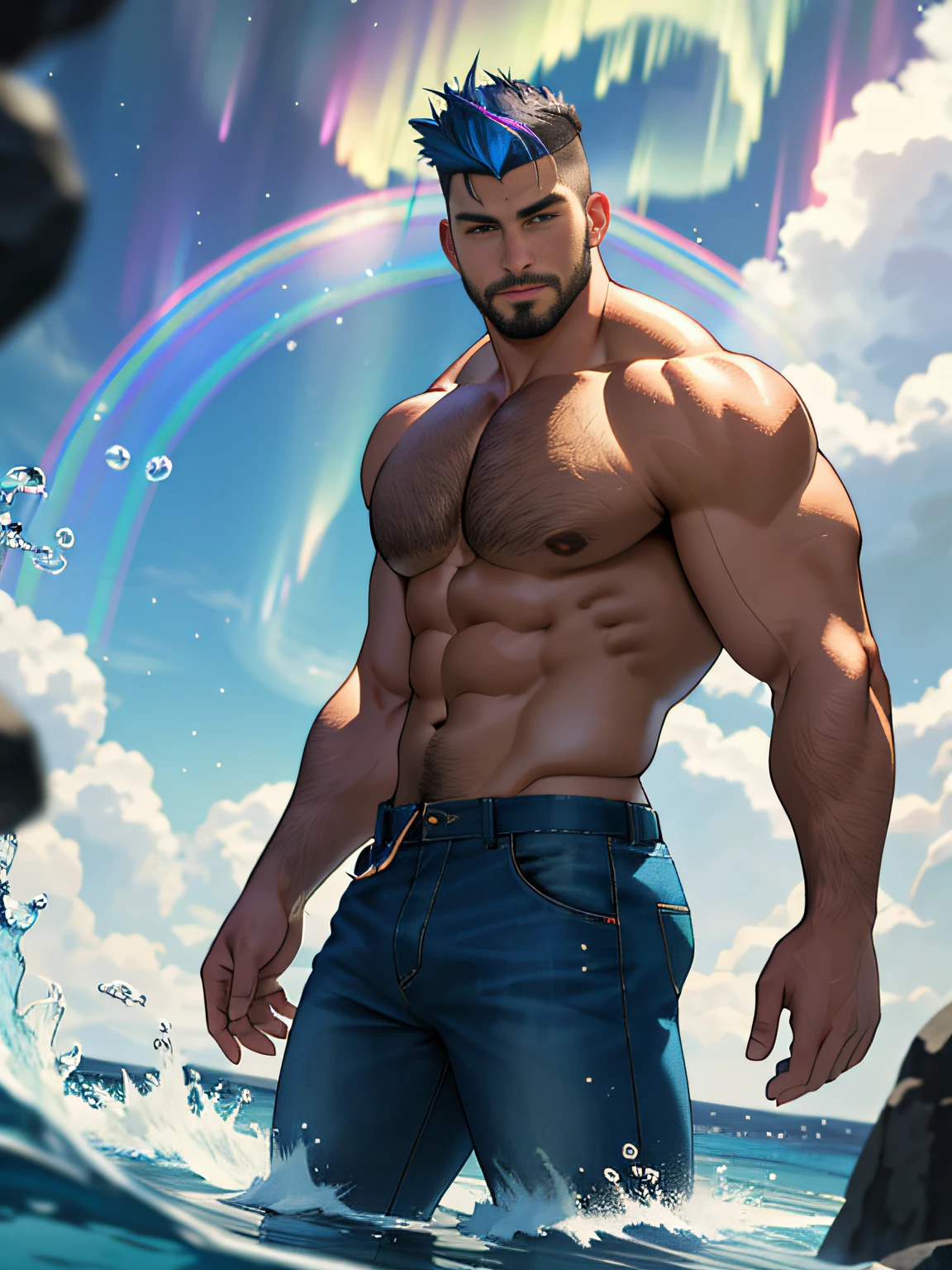 Best quality, masterpiece, ultra high res,detailed background,realistic,solo,male,cowboy shot,mature,bara,topless,muscular,mature male,thick thighs,short hair,facial hair,undercut,short hair,magic circle, bubble,on water,reflected mirror,rainbow light, Bubble Swirling, wind Swirling, Aurora, fantasy scenery,depth of field