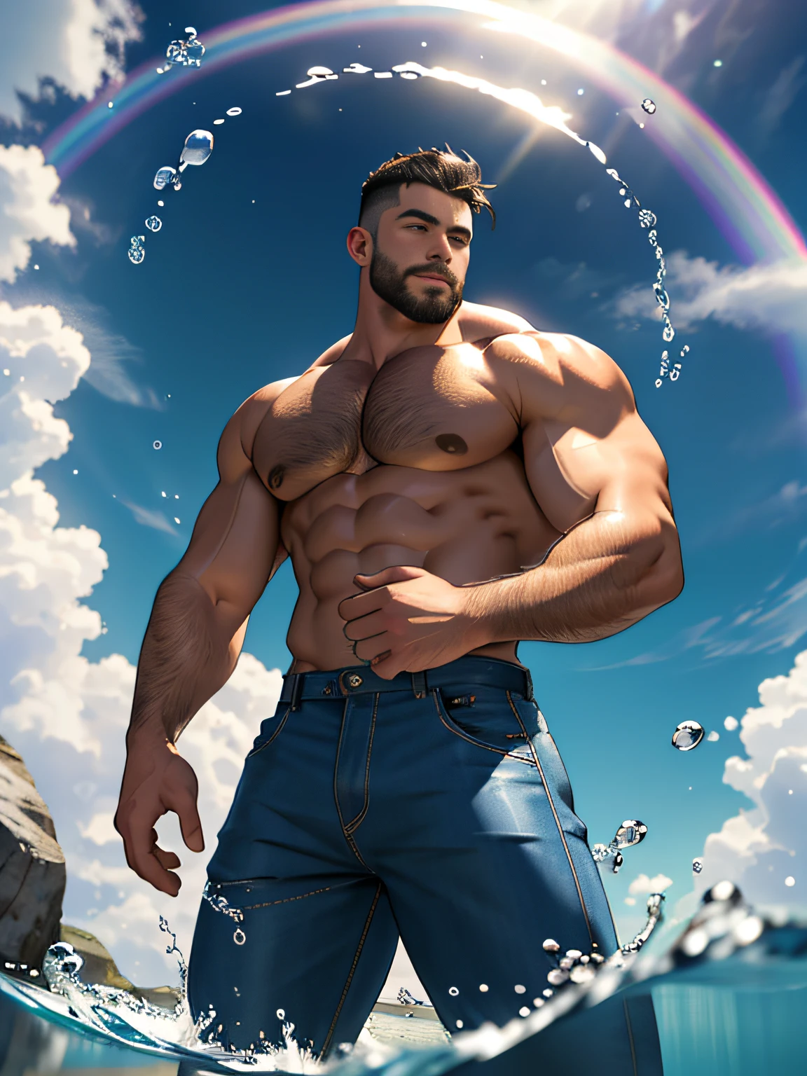 Best quality, masterpiece, ultra high res,detailed background,realistic,solo,male,cowboy shot,mature,bara,topless,muscular,mature male,thick thighs,short hair,facial hair,undercut,short hair,magic circle, bubble,on water,reflected mirror,rainbow light, Bubble Swirling, wind Swirling, Aurora, fantasy scenery,depth of field