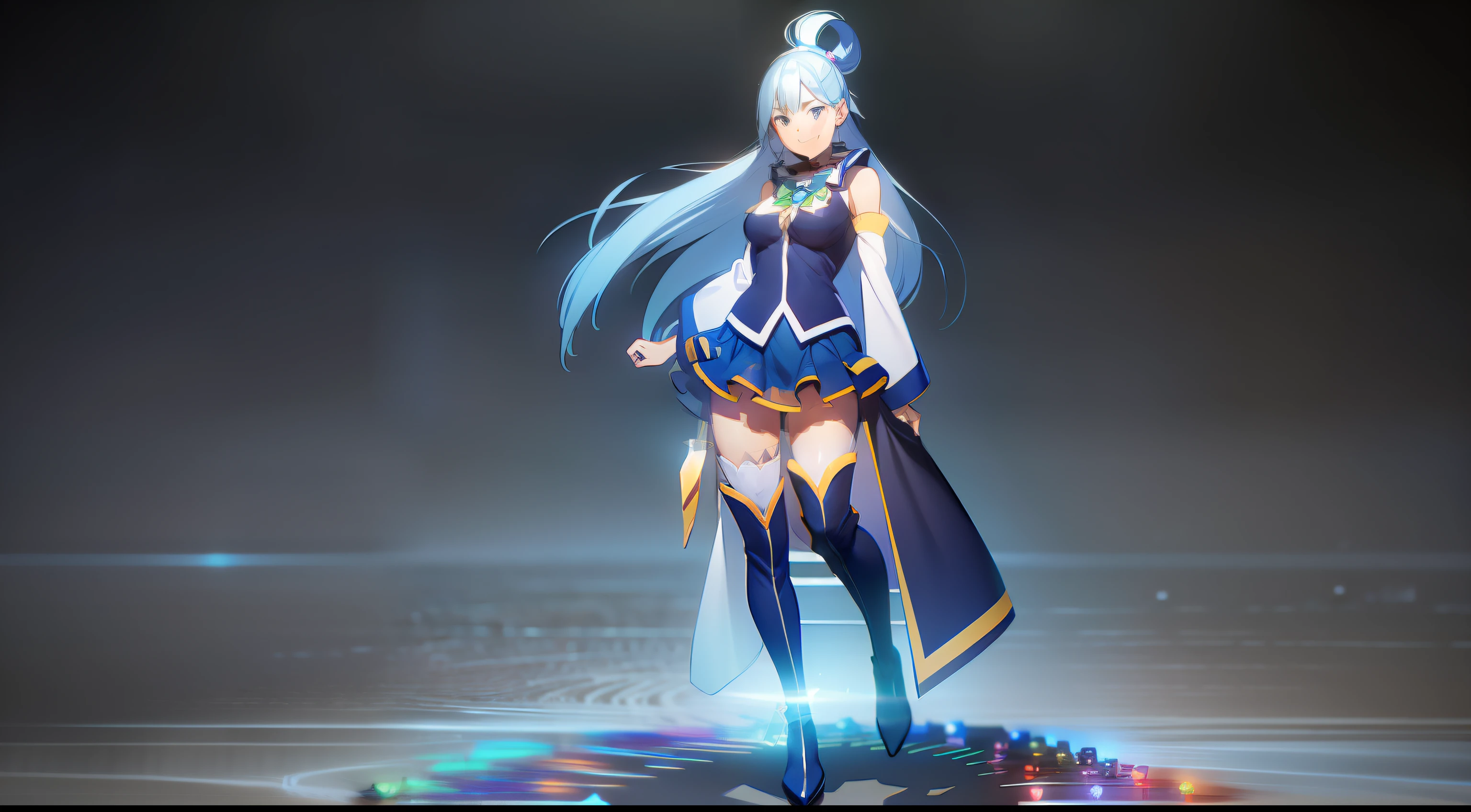 1girl, aqua_\(konosuba\), blue_footwear, blue_hair, boots, bow, detached_sleeves, full_body, hair_ornament, long_hair, looking_at_viewer, pleated_skirt, skirt, smile, solo, standing, thigh_boots, thighhighs, transparent_background, very_long_hair, white_legwear, zettai_ryouiki, Digital art, glow effects, Hand drawn, render, 8k, octane render, cinema 4d, blender, dark, atmospheric 4k ultra detailed, cinematic sensual, Sharp focus, humorous illustration, big depth of field, Masterpiece, colors, 3d octane render, 4k, concept art, trending on artstation, hyperrealistic, Vivid colors, modelshoot style, (extremely detailed CG unity 8k wallpaper), professional majestic oil painting by Ed Blinkey, Atey Ghailan, Studio Ghibli, by Jeremy Mann, Greg Manchess, Antonio Moro, trending on ArtStation, trending on CGSociety, Intricate, High Detail, Sharp focus, dramatic, photorealistic painting art by midjourney and greg rutkowski