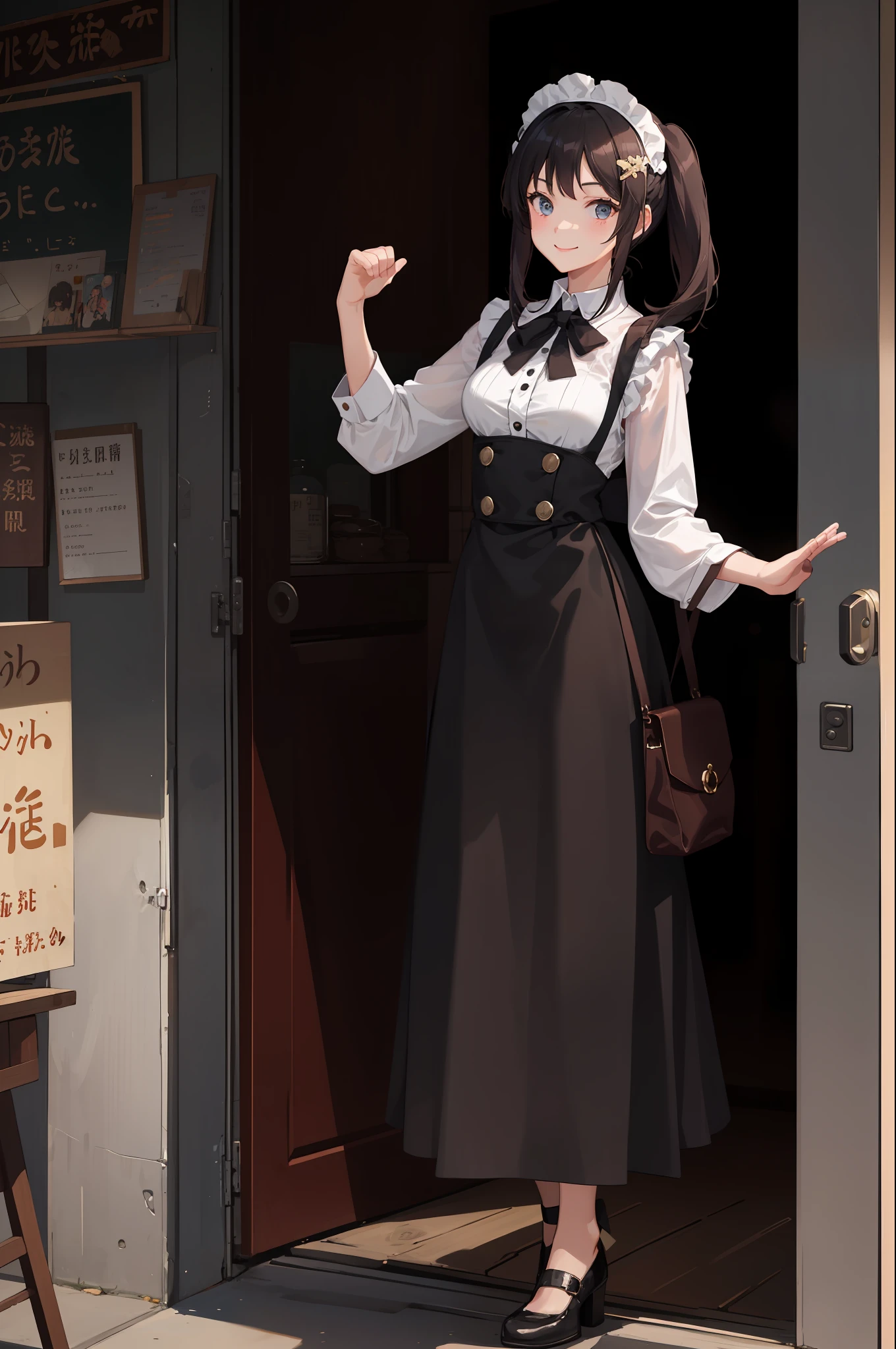 1girl in、A smile、A delightful、skirt by the、(small tits)Chilarism、doress、pinafore,,,,,,、Maids,,,,,,,,、hair adornments、movement、