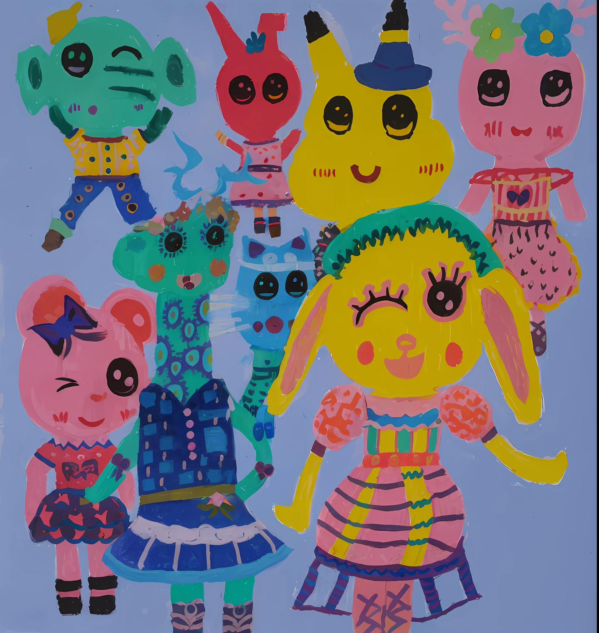 Draw a set of cartoon characters with different costumes, toyism, inspired by Hikari Shimoda, gary baseman, inspired by Chiho Aoshima, Inspired by Pacita Abad, Loli, cute colorful adorable, author：Matake Mabe, cute artwork, portrait of a pink gang, character designs painting, Chuan Ai, outsider art style, toki doki