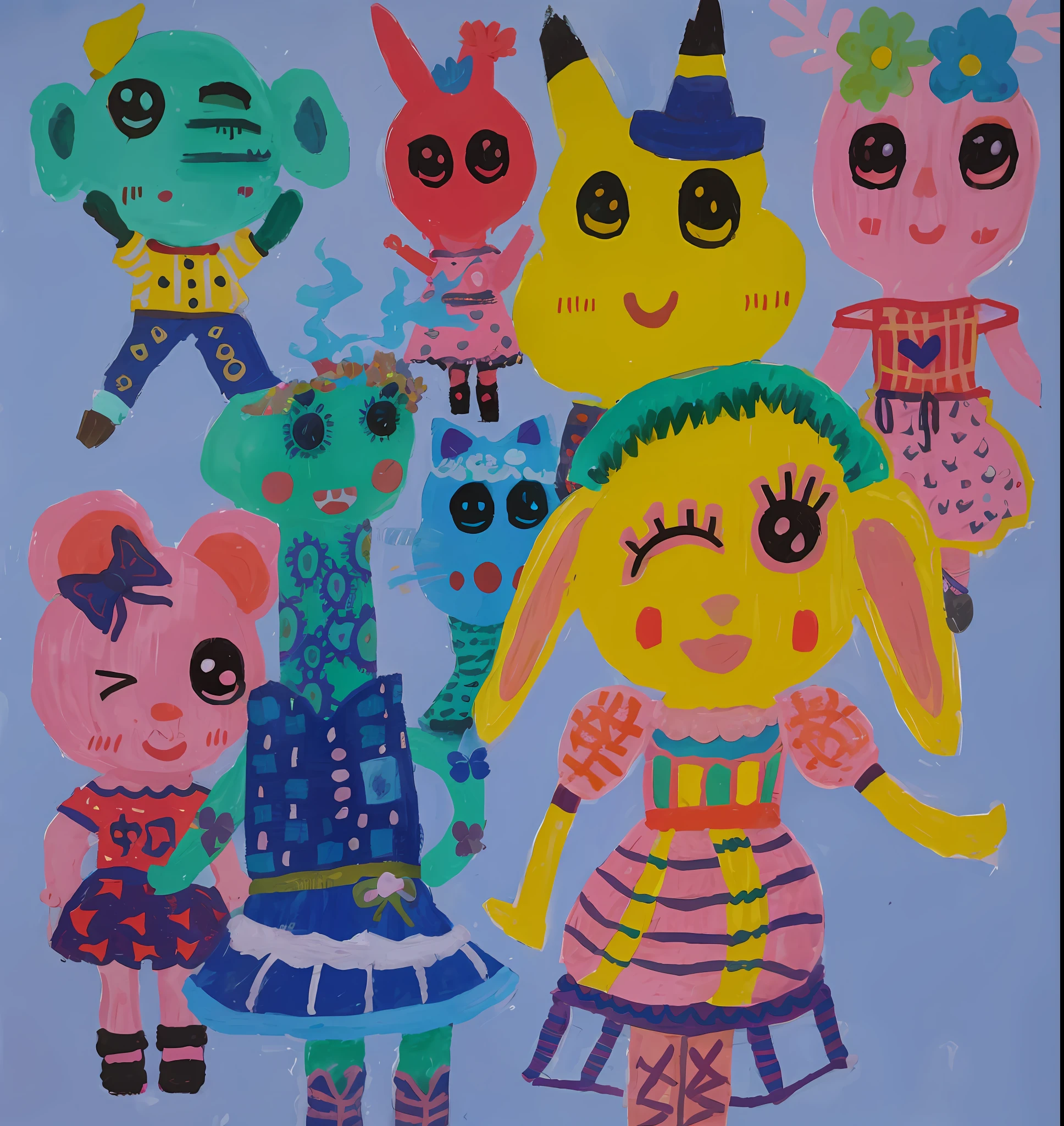 Draw a set of cartoon characters with different costumes, toyism, inspired by Hikari Shimoda, gary baseman, inspired by Chiho Aoshima, Inspired by Pacita Abad, Loli, cute colorful adorable, author：Matake Mabe, cute artwork, portrait of a pink gang, character designs painting, Chuan Ai, outsider art style, toki doki