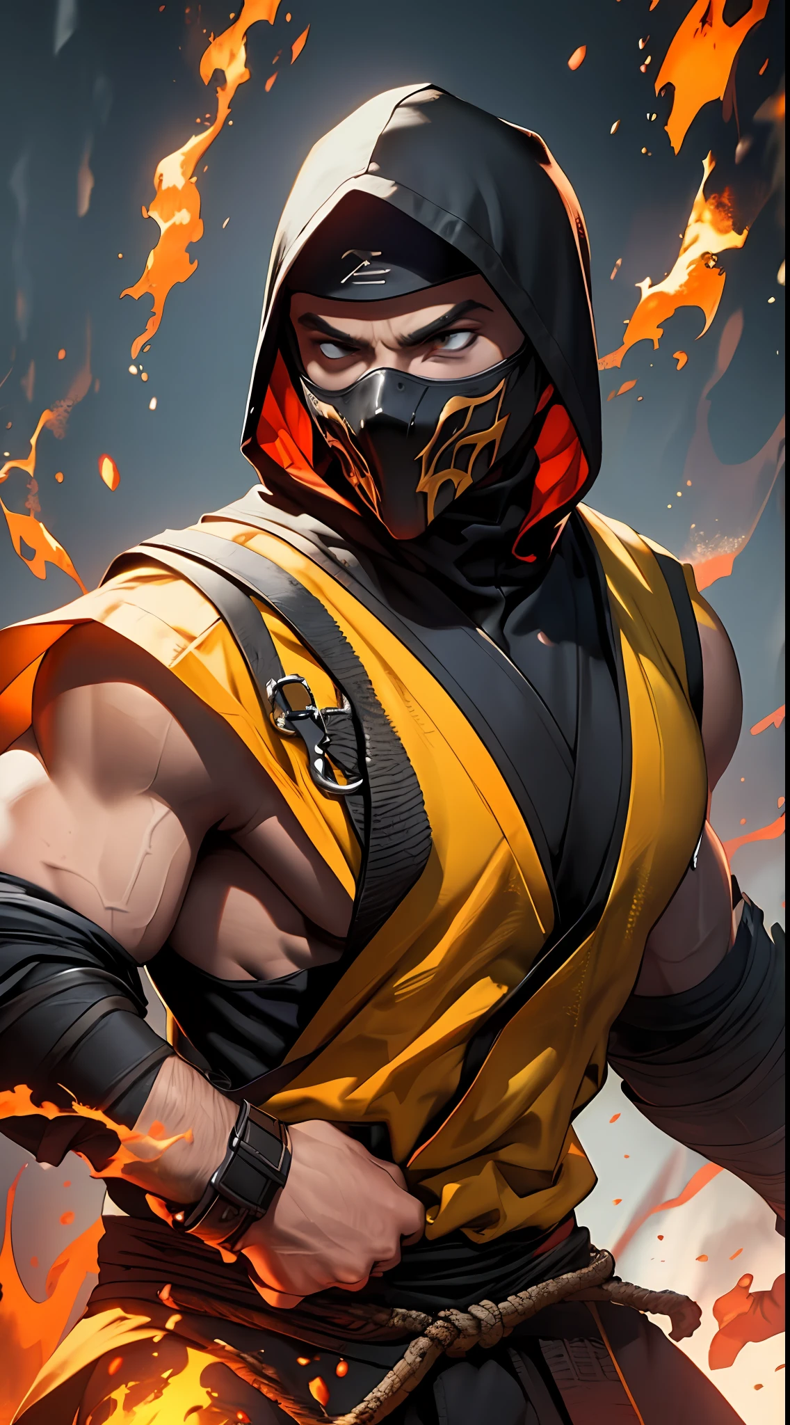 4k, wallpaper, 1 man, solo, Scorpion, mortal kombat, tall, muscular, hunk, yellow and black face mask, kunai spear weapon, wearing orange-ish yellow and black ninja clothes, yellow fabric hood, fire in the background, upper body shot, fighting stance, best quality:1.2, high resolution:1.2, masterpiece, low camera angle, detailed outfit, shadows, volumetric lighting, landscape of hell in the background