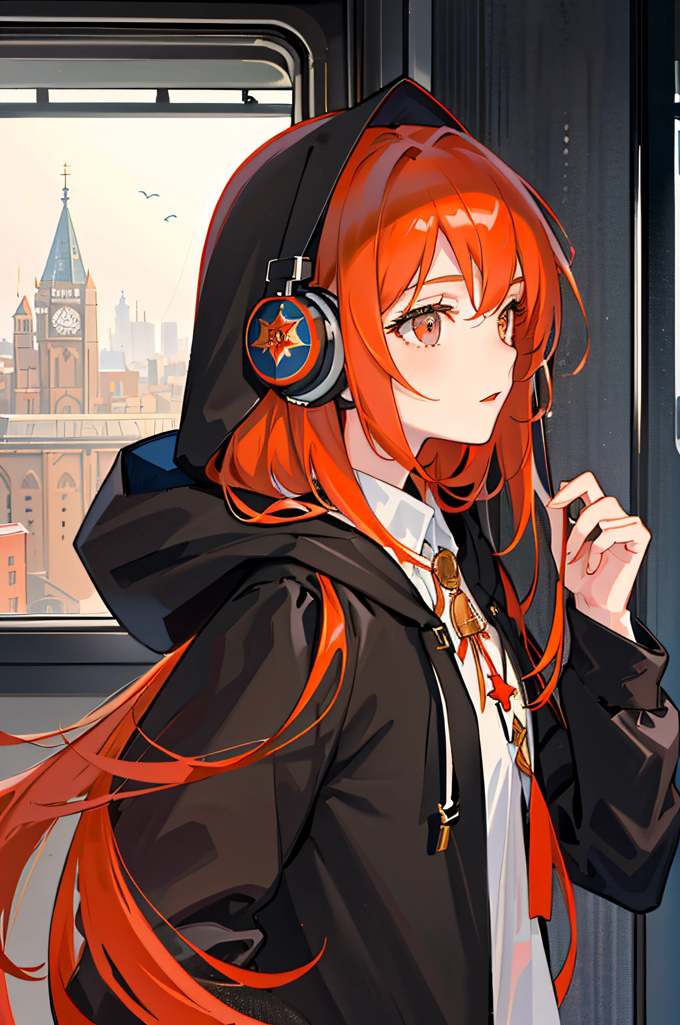 (masterpiece, sidelighting, ultra-detailed, finely detailed beautiful eyes: 1.2), 1girl, bag, building, from side, headphones, hood, hood down, hooded jacket, hoodie, jacket, long hair, orange hair, profile, red hair, solo, train, train interior, upper body, Masterpiece, best quality