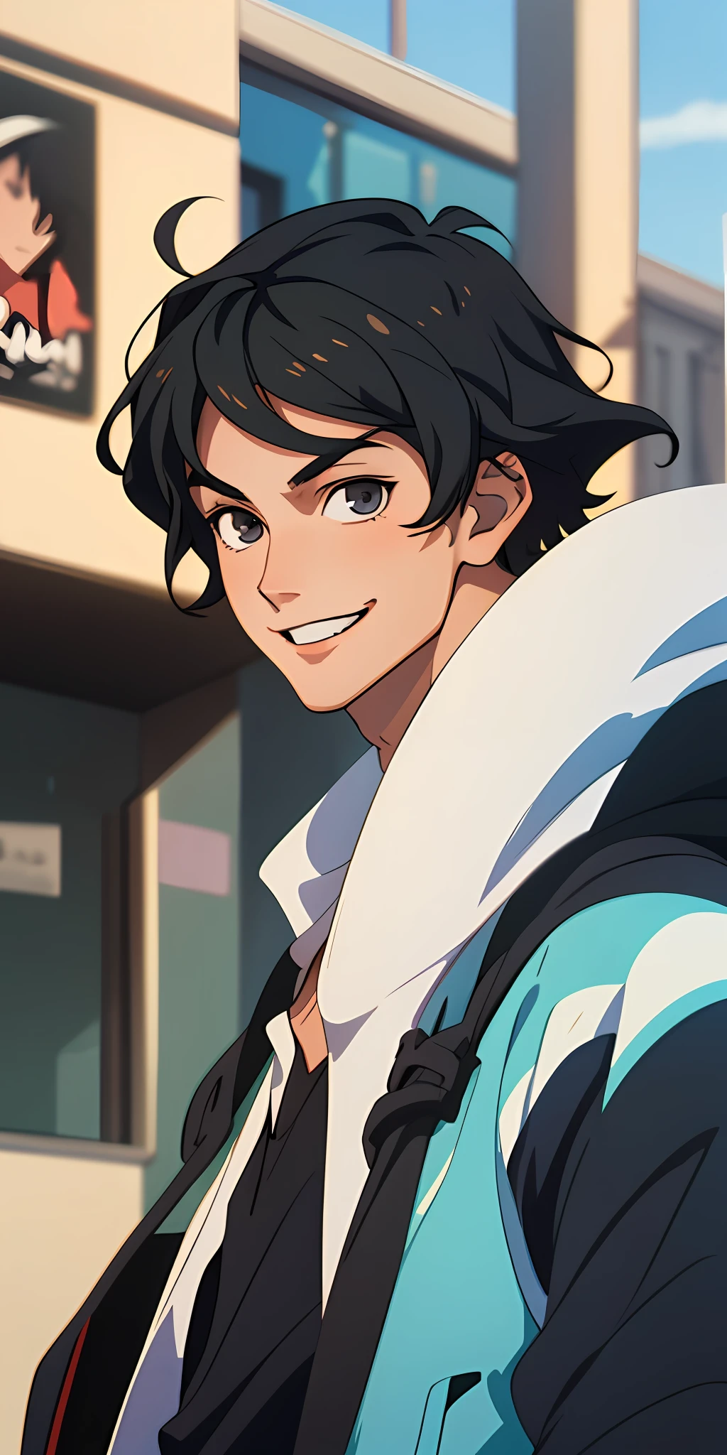 (best quality, masterpiece), 1boy, blurry background, upper body, contemporary, rock band blouse, short wavy black hair, cute equal male protagonist of romance anime, smiling