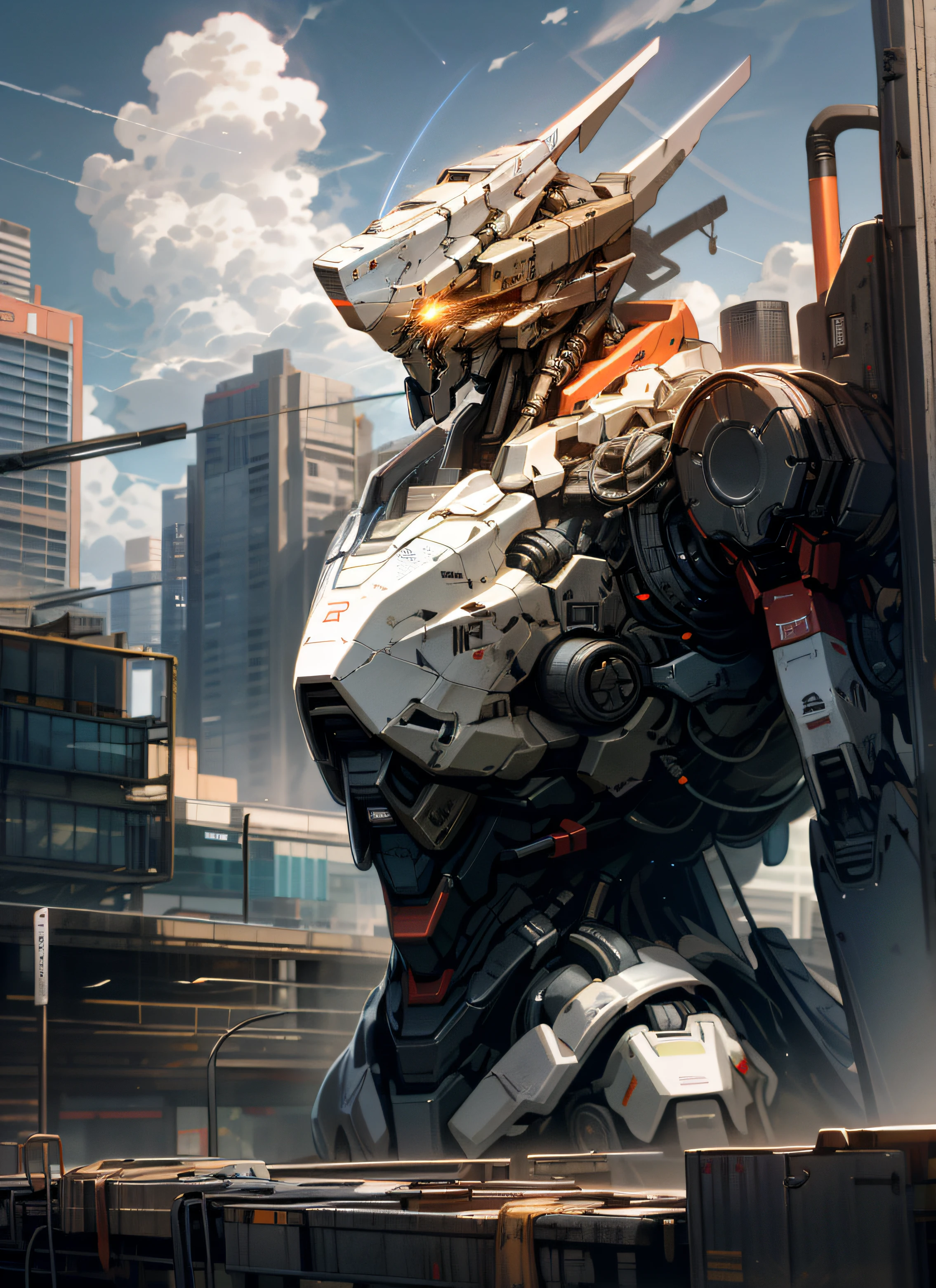 sky, cloud, holding_weapon, no_humans, glowing, , robot, building, glowing_eyes, mecha, science_fiction, city, realistic,mecha