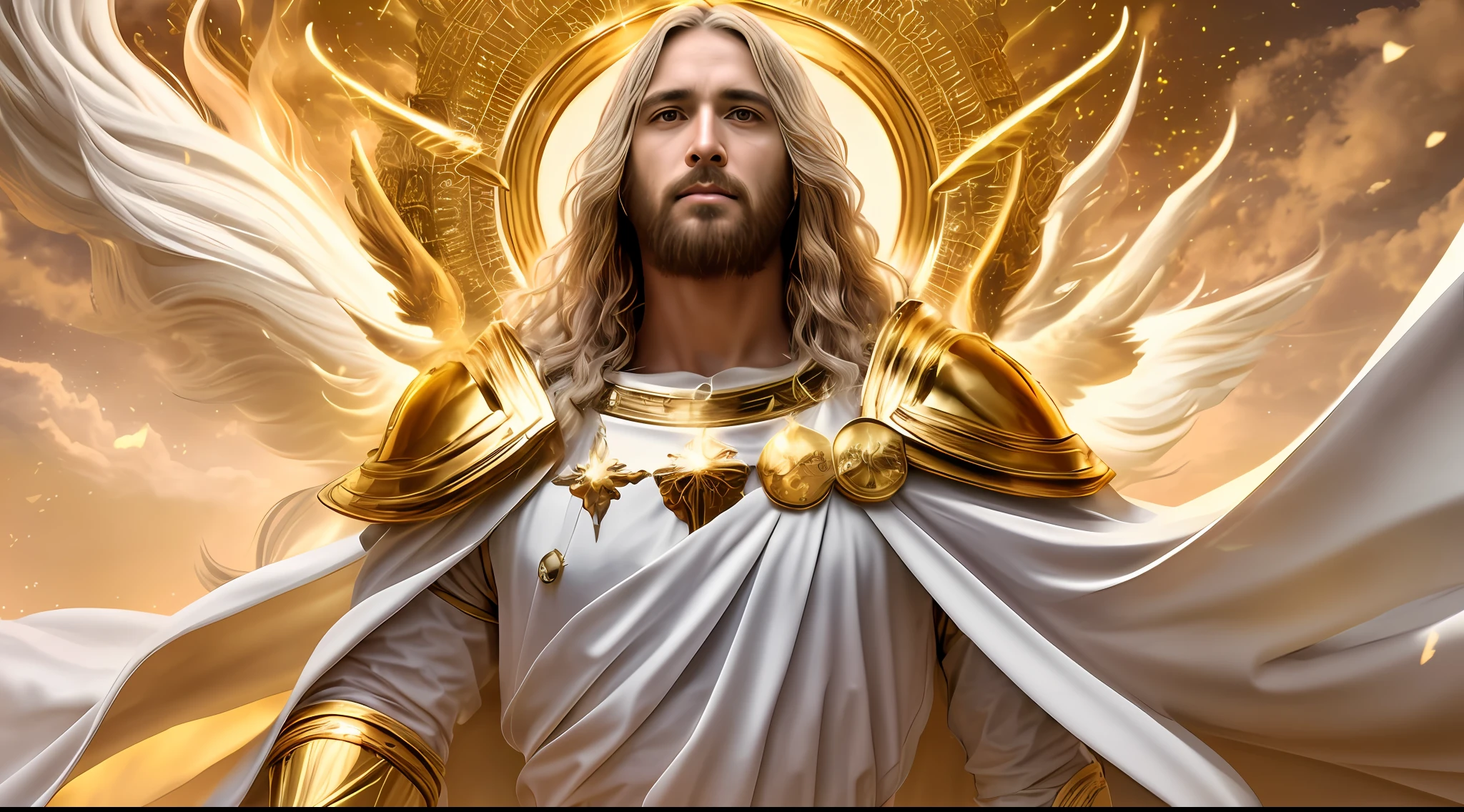 Jesus Second Coming into Heaven, rosto como o sol do meio dia, coroa, a tunic and a breastplate of gold, o cabelo branco como a neve, olhos como chamas de fogo, the feet as refined bronze in the furnace, (olhar de piedade), look of compassion, (olhar de amor) surrealismo, retroiluminação, cinematic lighthing, alta qualidade, detalhes elevados, melhor qualidade