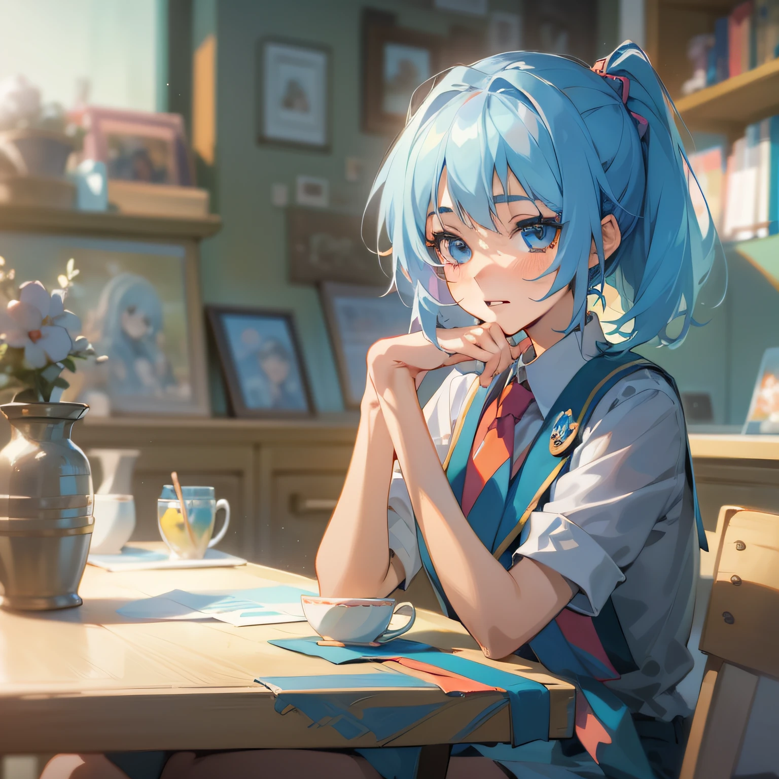 Anime girl with blue hair and tie sitting on table, anime moe art style, Kawaii realistic portrait, a beautiful anime portrait, style of anime4 K, Anime style portrait, Cute anime girl portrait, Detailed digital anime art, Smooth anime CG art, Anime. Soft lighting, Cute anime girl, portrait anime girl, cute anime girl portraits, realistic anime artstyle, anime portrait